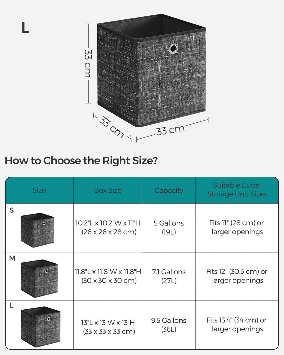 Set of 6 Foldable Fabric Storage Boxes – Heathered Black – 30 x 30 x 30 cm – Convenient Fingerhole