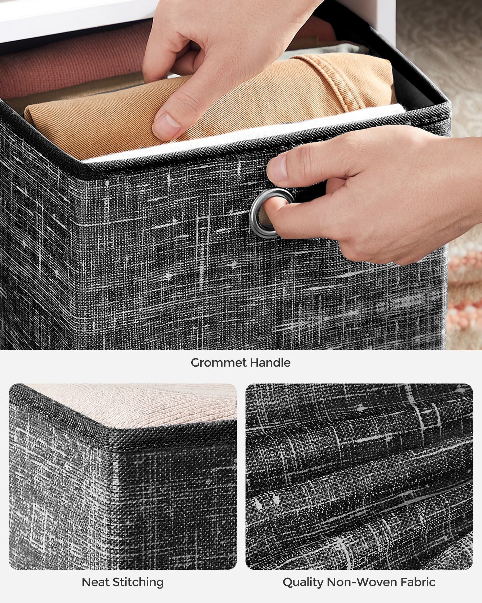 Set of 6 Foldable Fabric Storage Boxes – Heathered Black – 30 x 30 x 30 cm – Convenient Fingerhole