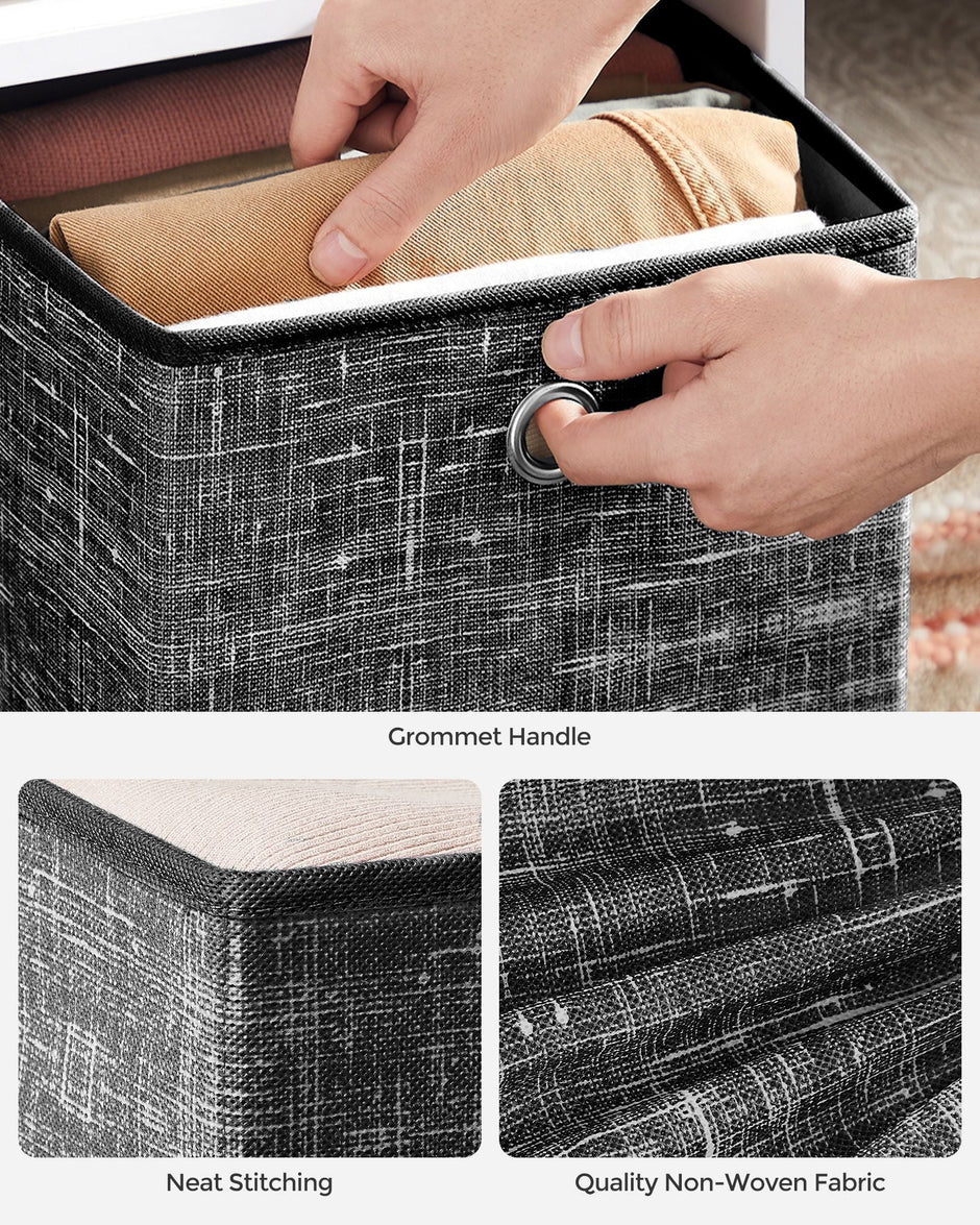 Set of 6 Foldable Fabric Storage Boxes – Heathered Black – 30 x 30 x 30 cm – Convenient Fingerhole