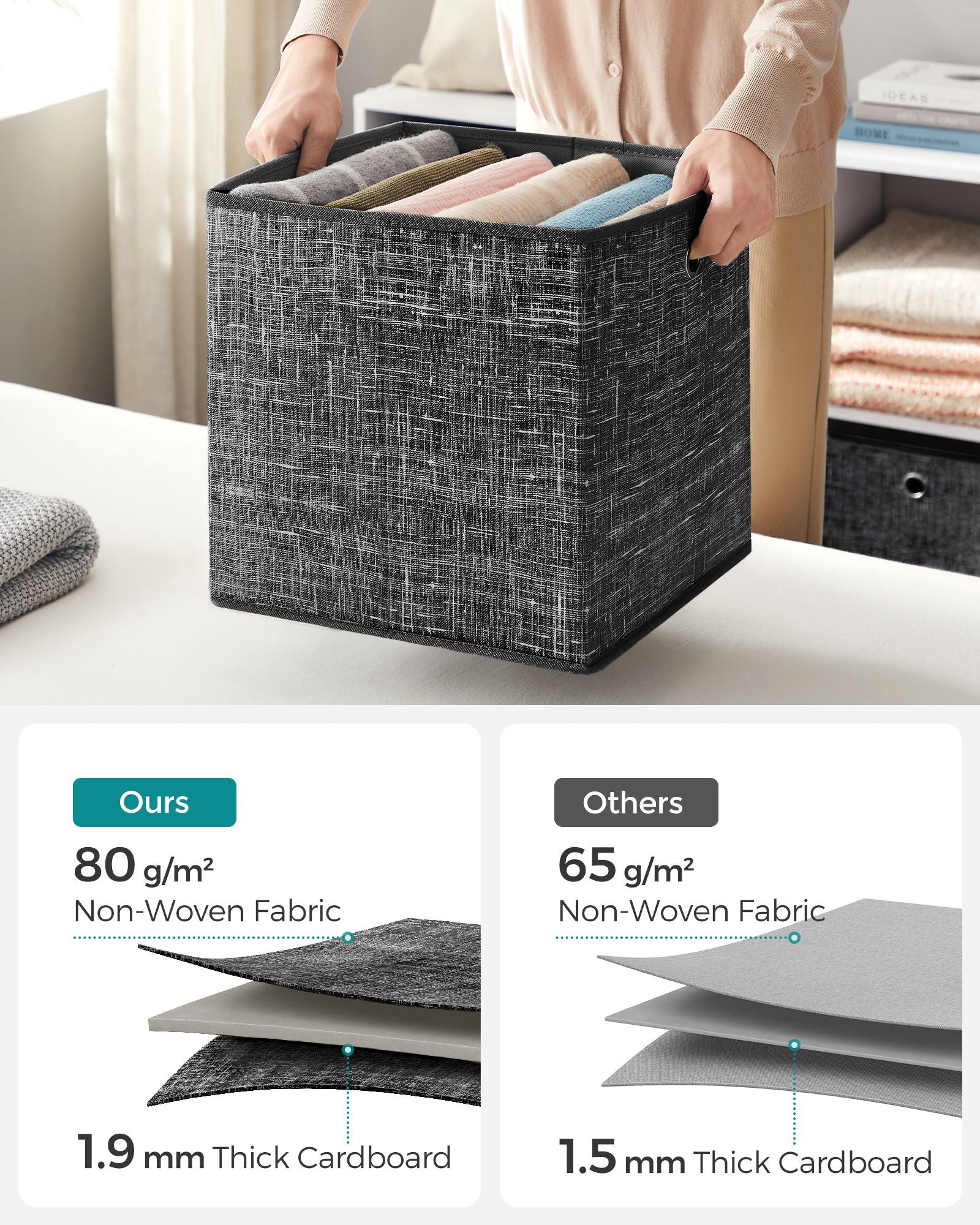 Set of 6 Foldable Fabric Storage Boxes – Heathered Black – 30 x 30 x 30 cm – Convenient Fingerhole
