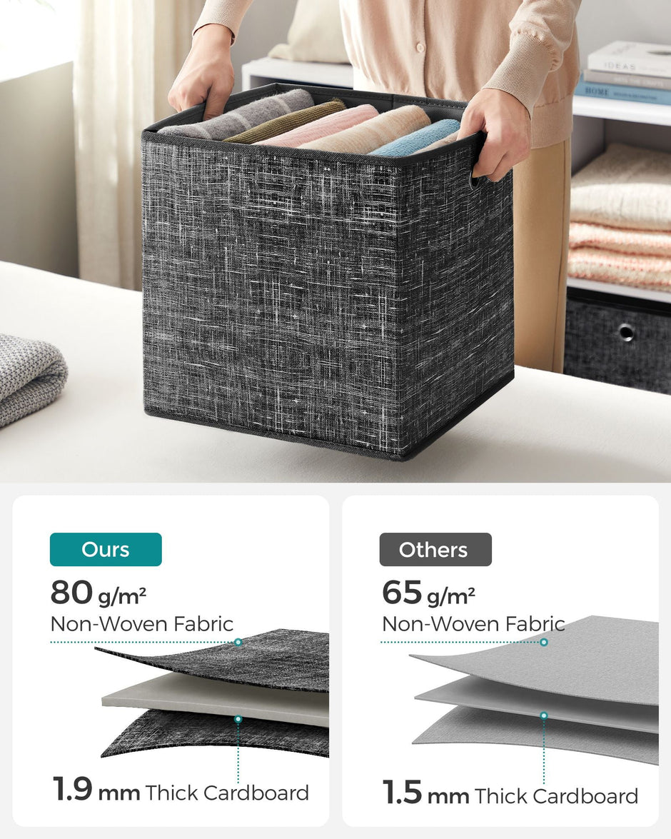 Set of 6 Foldable Fabric Storage Boxes – Heathered Black – 30 x 30 x 30 cm – Convenient Fingerhole