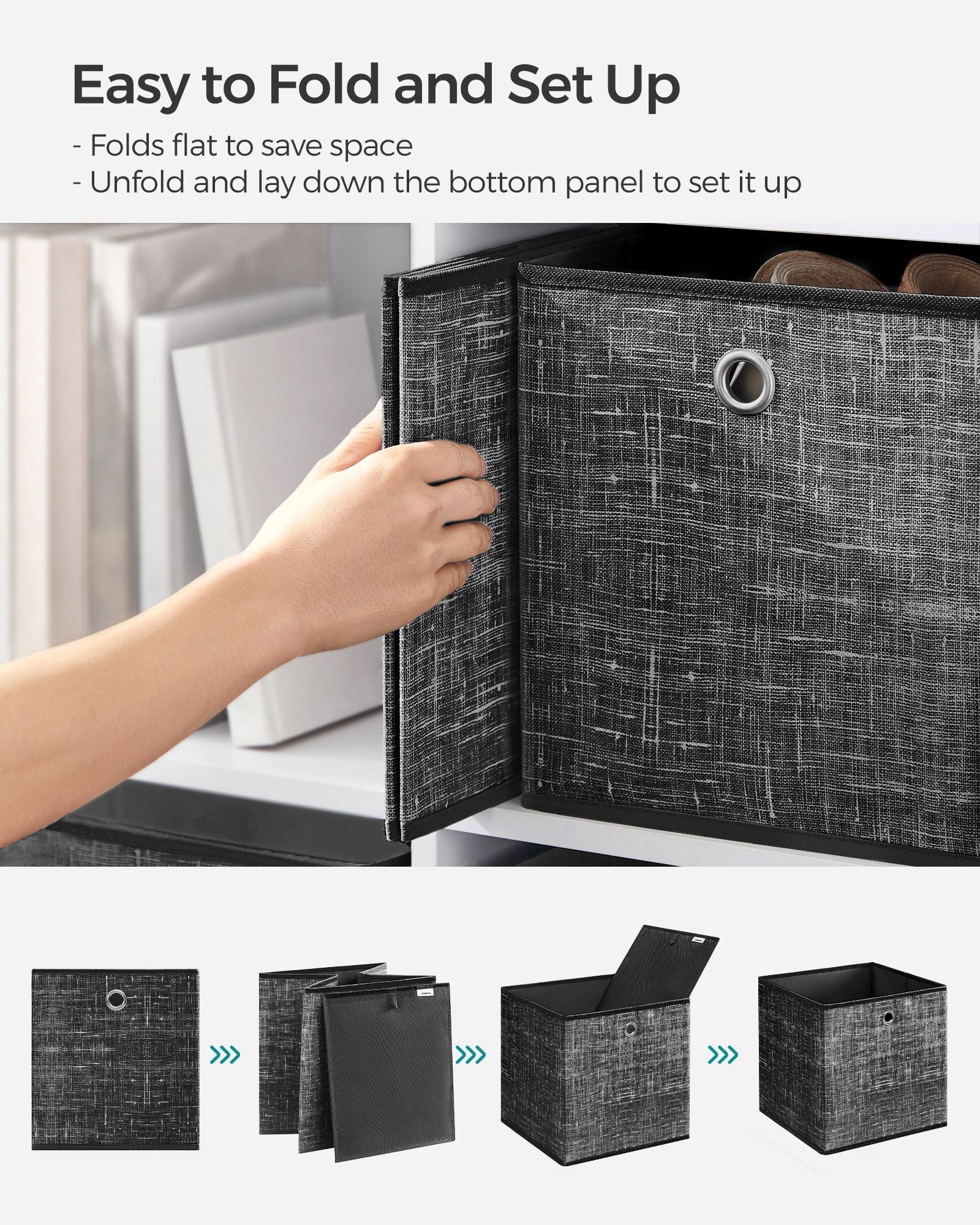 Set of 6 Foldable Fabric Storage Boxes – Heathered Black – 30 x 30 x 30 cm – Convenient Fingerhole