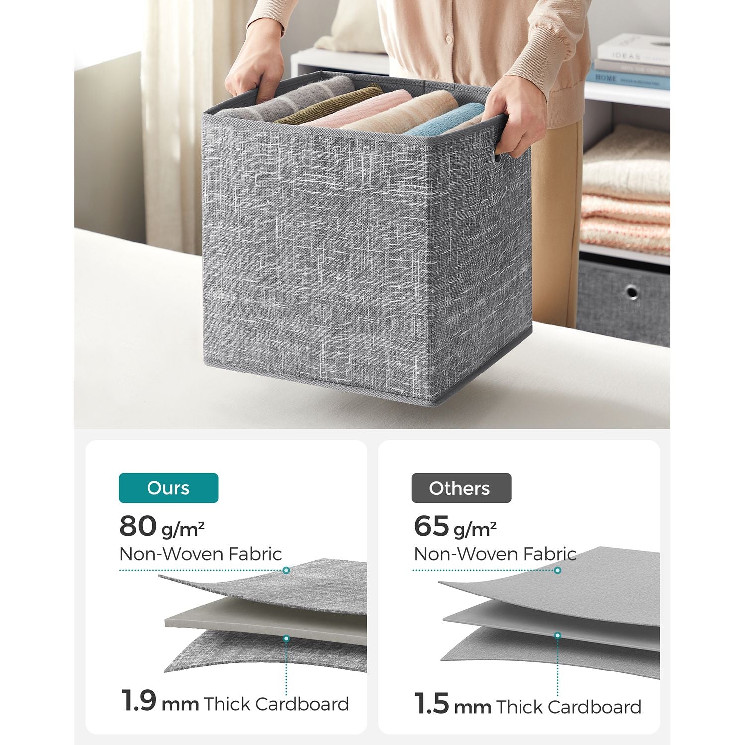Fabric Storage Boxes – Heathered Grey – Set of 6 – Foldable with Fingerhole