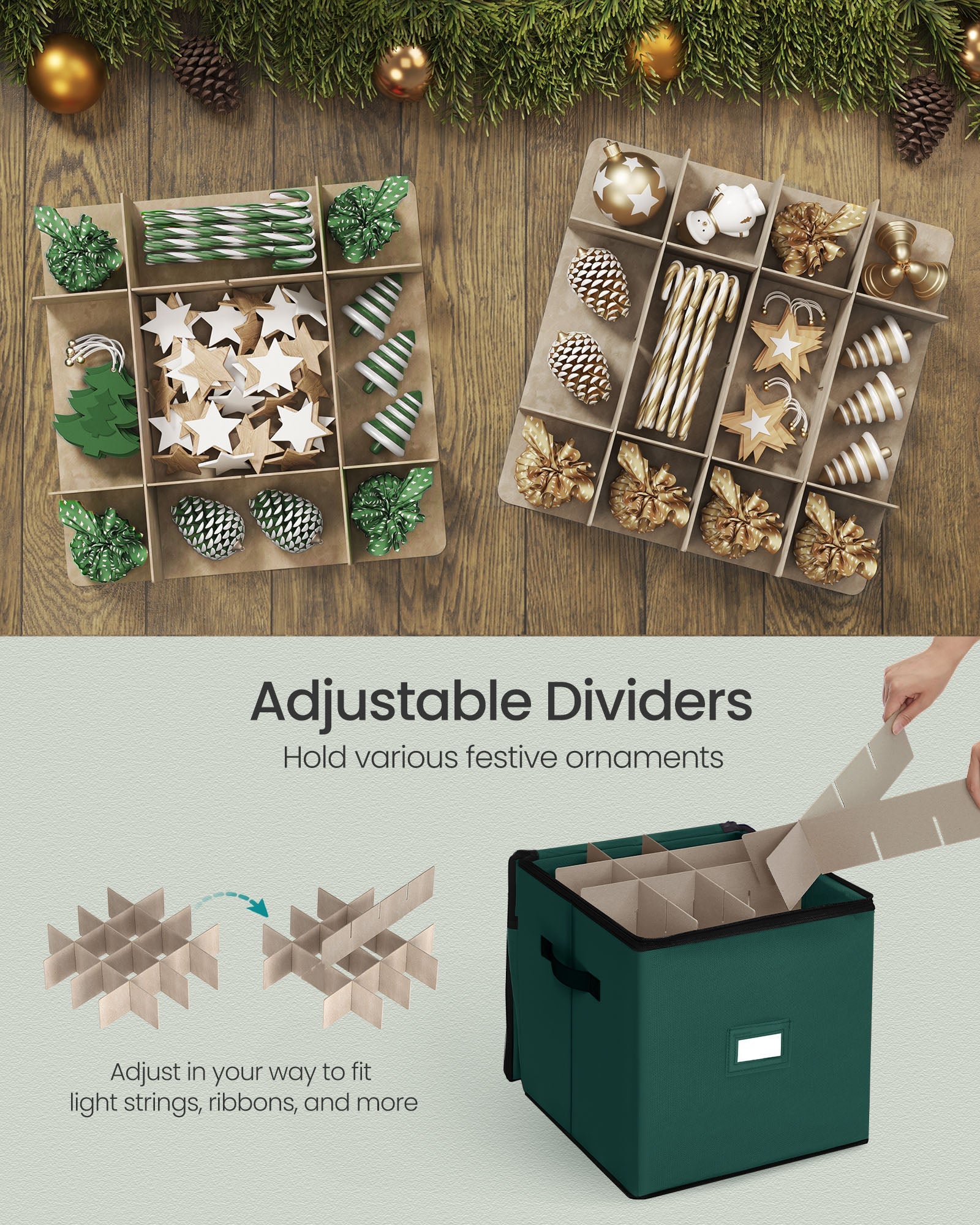 Christmas Decoration Storage Box – Non-Woven Fabric – Clear – 64 Slots, Stackable with Lid and Adjustable Dividers