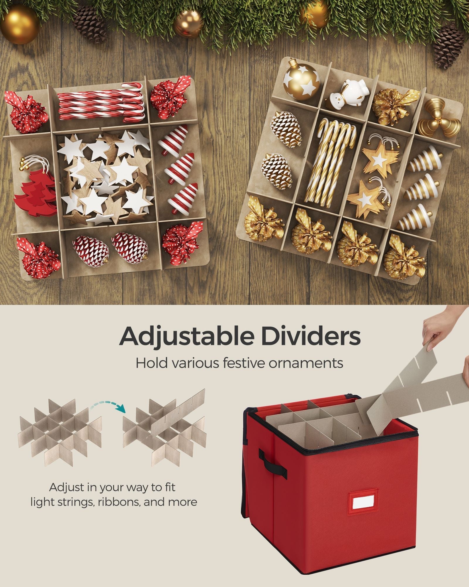 Stackable Storage Box – Non-Woven Fabric – Christmas Bauble – 64 Slots, Dual Zippers, Adjustable Dividers