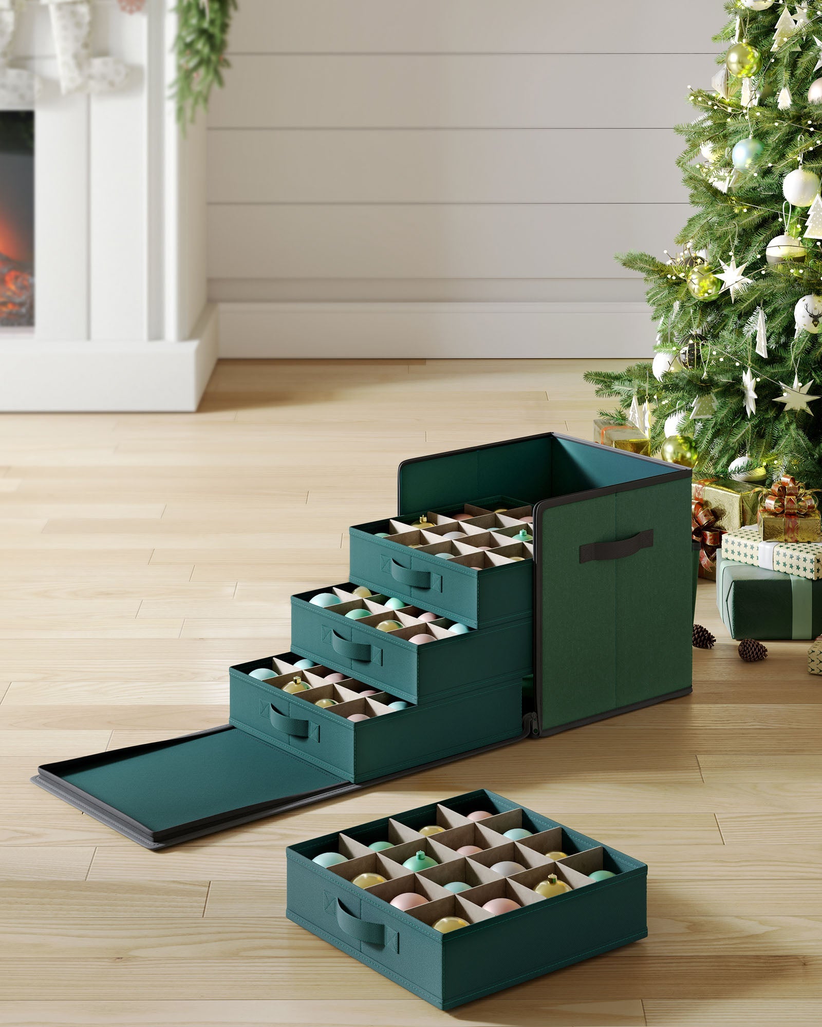 Christmas Decoration Storage Box – 600D Oxford – Forest Green – Stackable with Side Open and 64 Slots