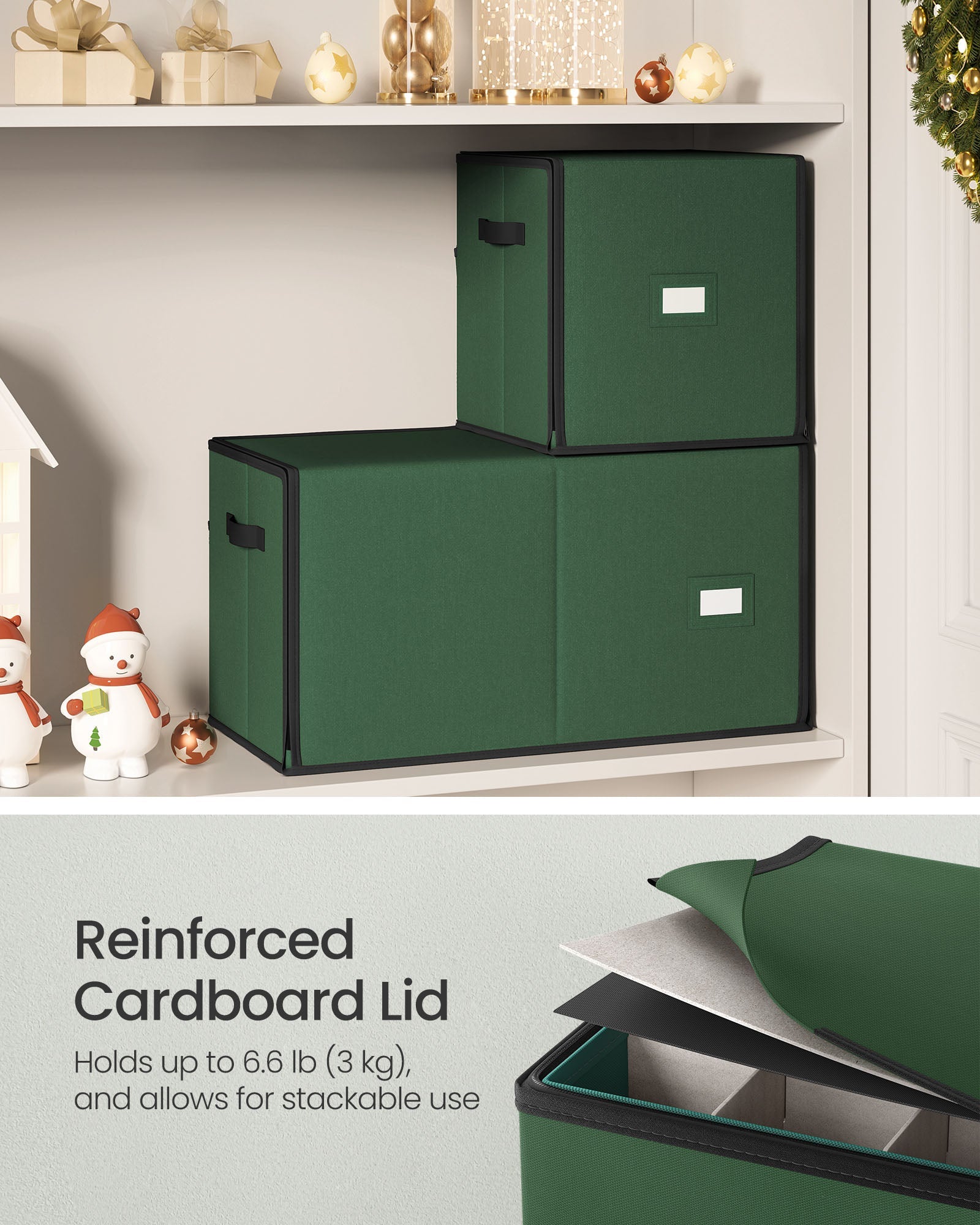 Christmas Decoration Storage Box – 600D Oxford – Forest Green – Stackable with Side Open and 64 Slots