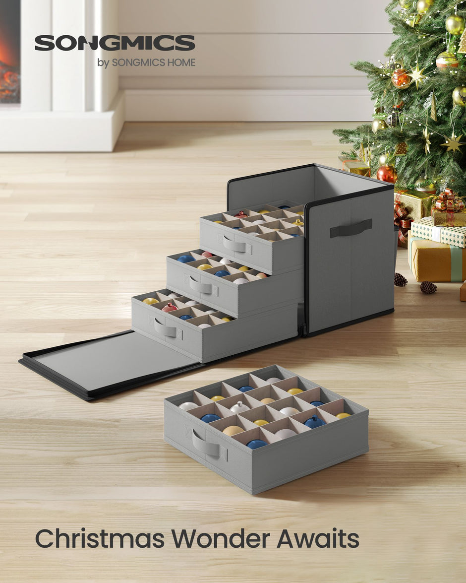 Christmas Decoration Storage Box – 600D Oxford – Dove Grey – Stackable with 4 Drawer Trays and 64 Slots