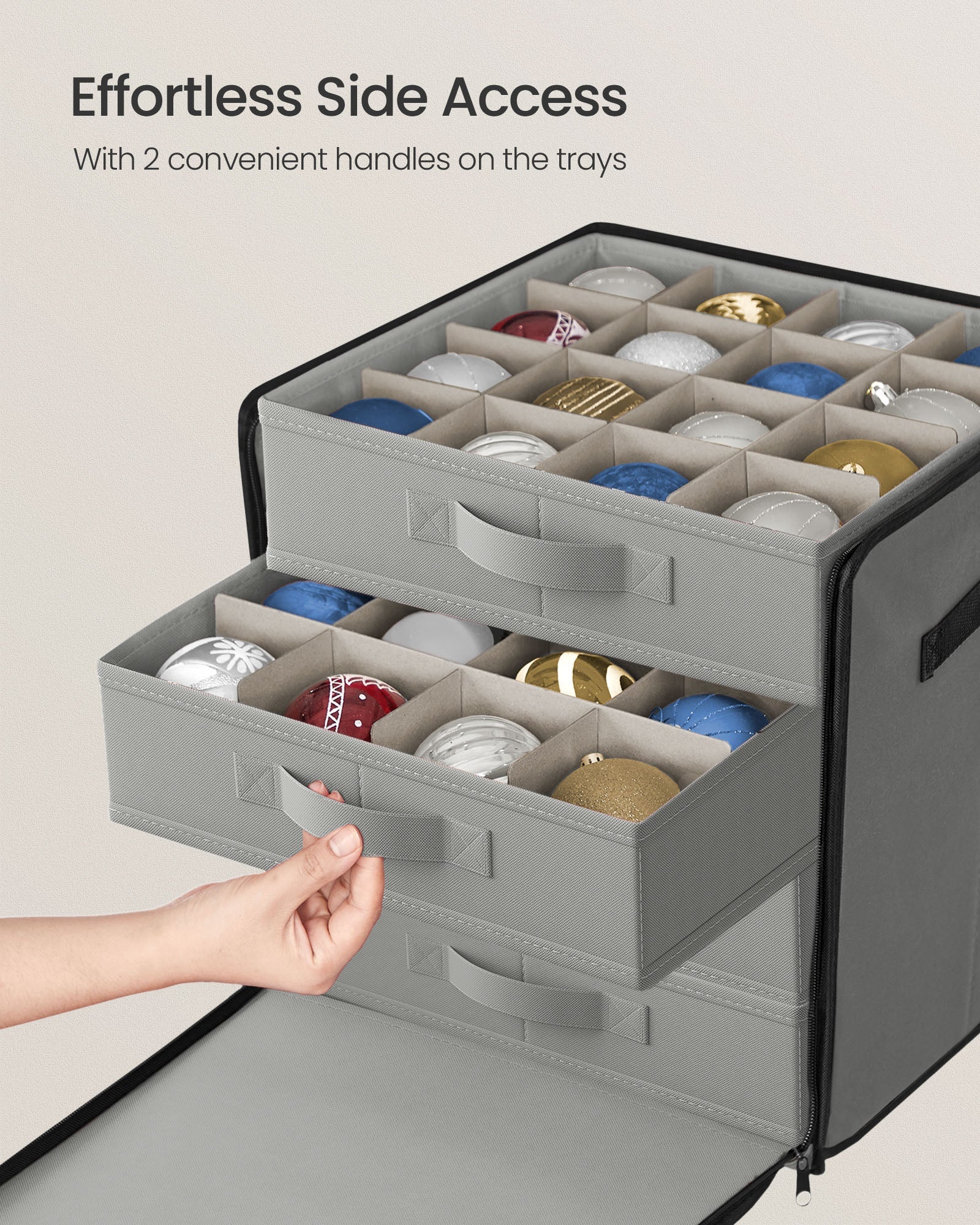 Christmas Decoration Storage Box – 600D Oxford – Dove Grey – Stackable with 4 Drawer Trays and 64 Slots