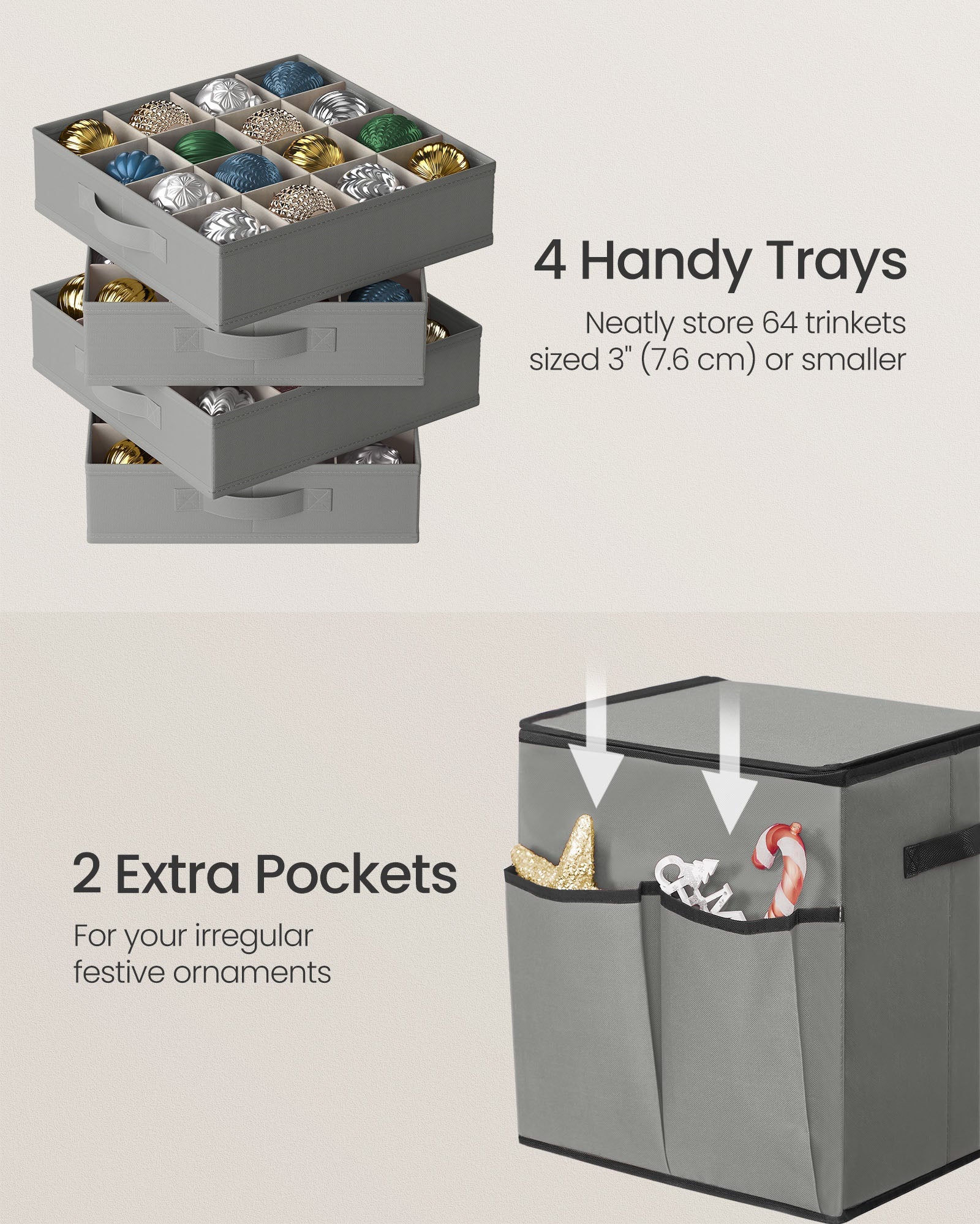 Christmas Decoration Storage Box – 600D Oxford – Dove Grey – Stackable with 4 Drawer Trays and 64 Slots