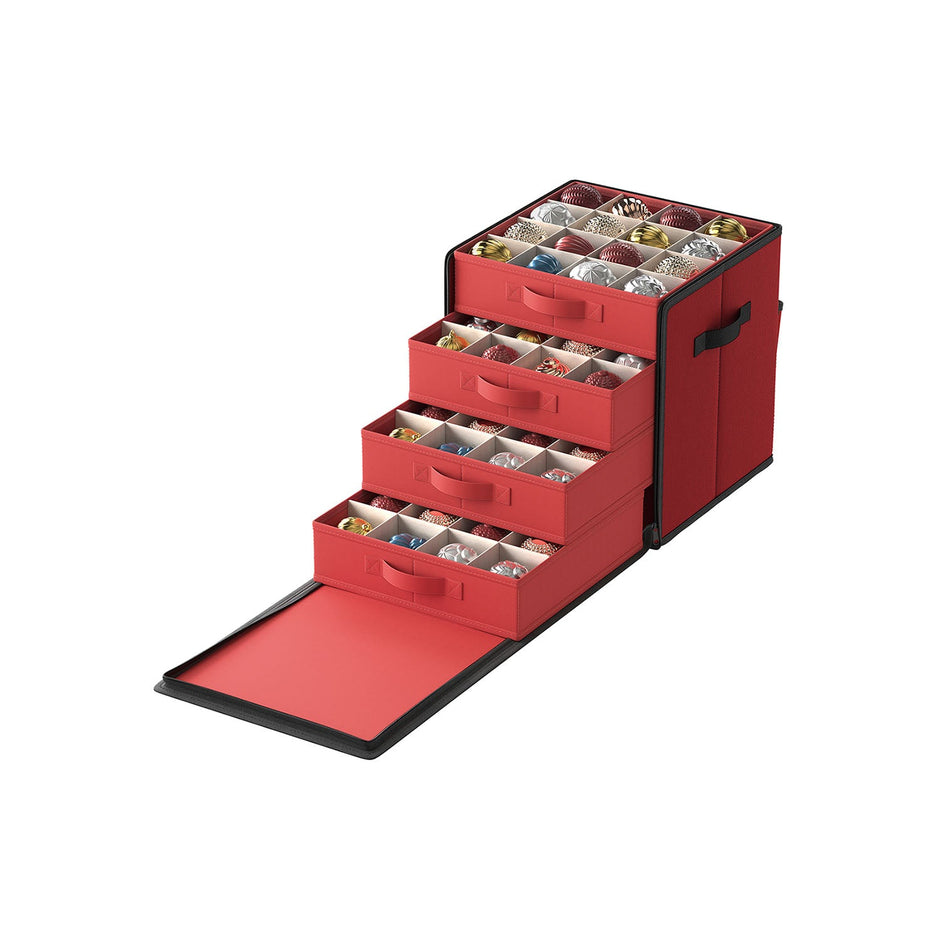 Christmas Decoration Storage Box – 600D Oxford – Cherry Red – Stackable with Side Open and 4 Drawer Trays