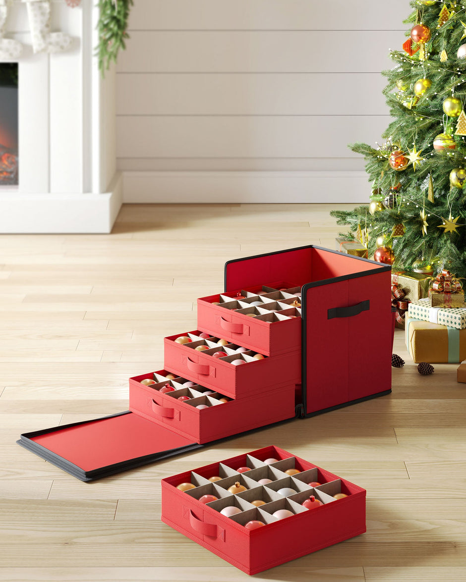 Christmas Decoration Storage Box – 600D Oxford – Cherry Red – Stackable with Side Open and 4 Drawer Trays