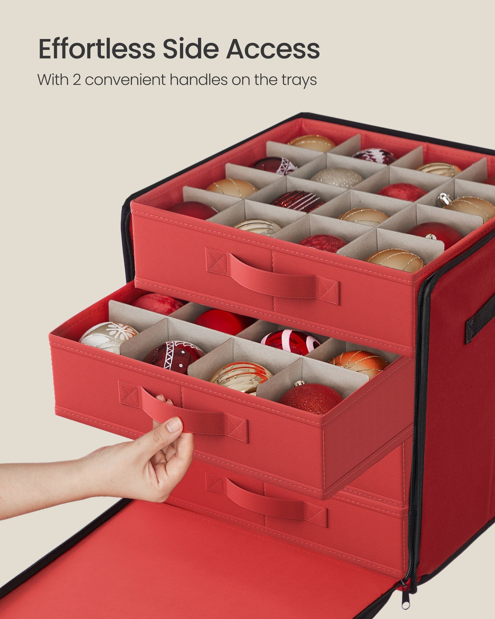 Christmas Decoration Storage Box – 600D Oxford – Cherry Red – Stackable with Side Open and 4 Drawer Trays