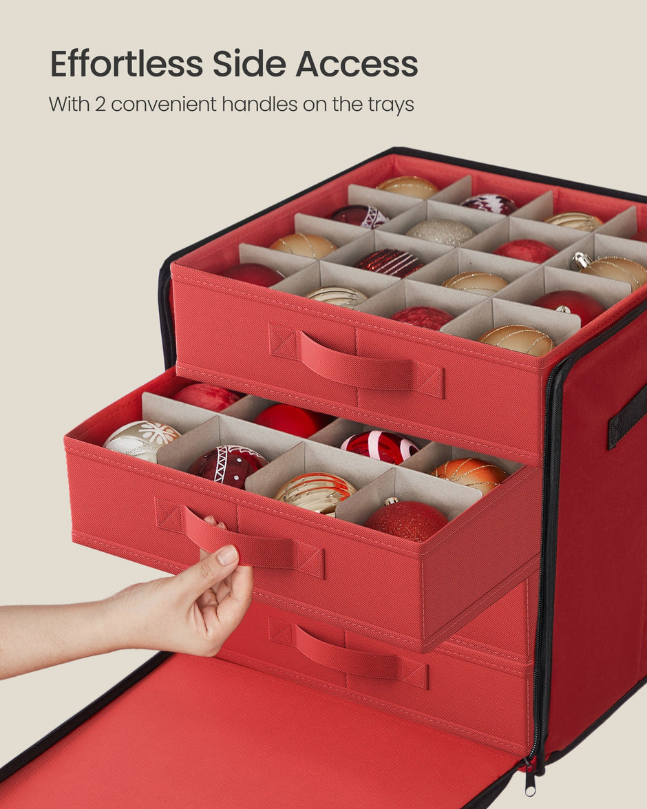 Christmas Decoration Storage Box – 600D Oxford – Cherry Red – Stackable with Side Open and 4 Drawer Trays