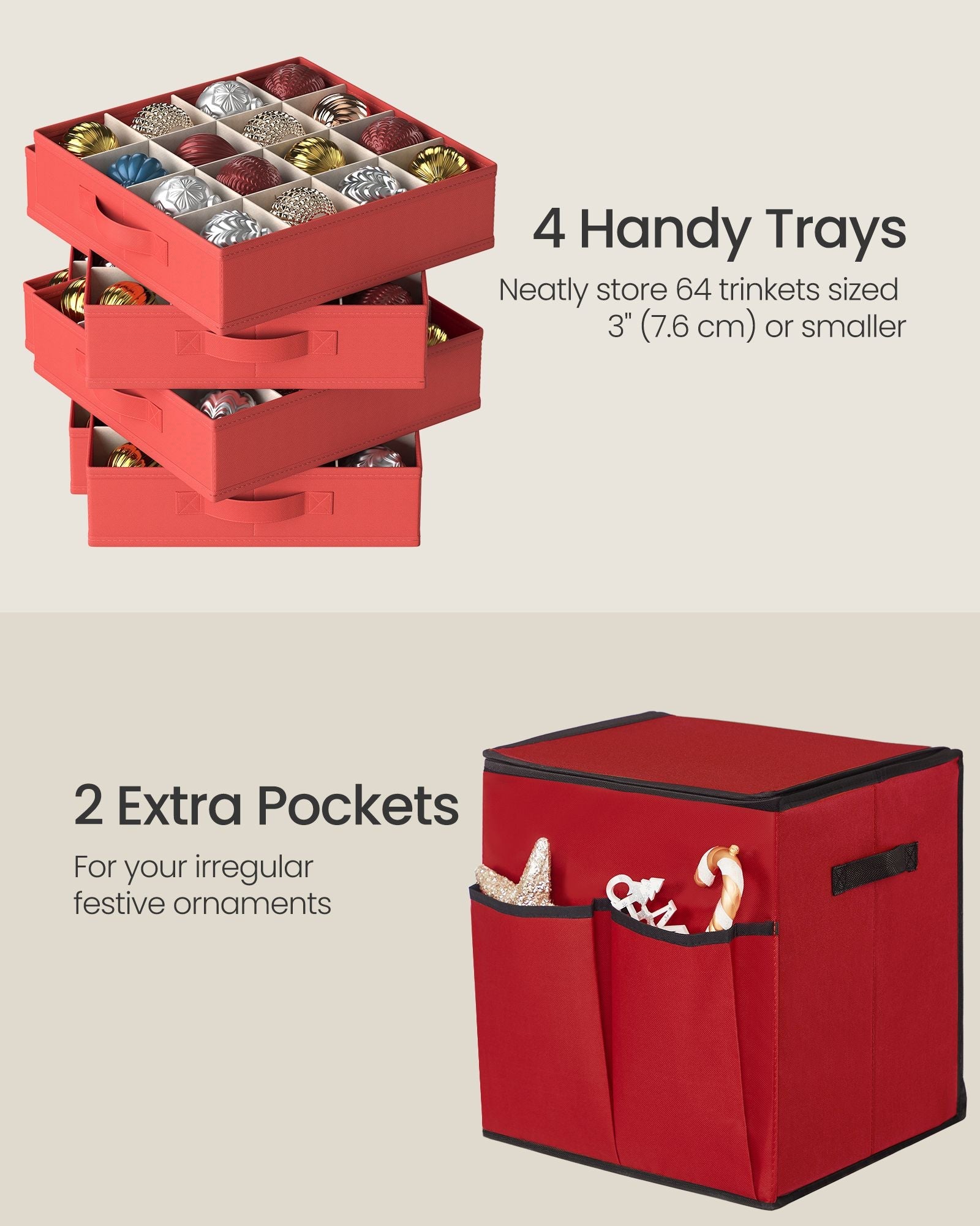 Christmas Decoration Storage Box – 600D Oxford – Cherry Red – Stackable with Side Open and 4 Drawer Trays