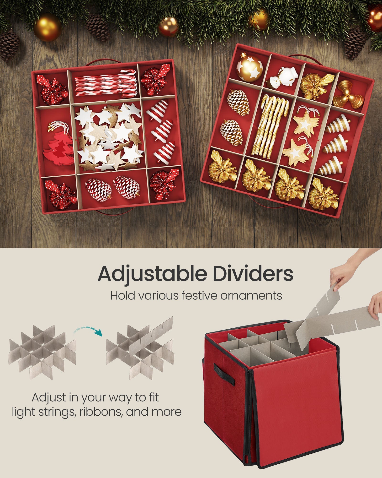 Christmas Decoration Storage Box – 600D Oxford – Cherry Red – Stackable with Side Open and 4 Drawer Trays