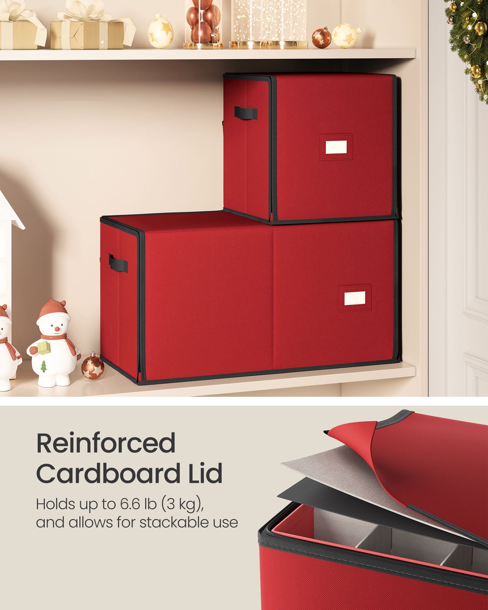 Christmas Decoration Storage Box – 600D Oxford – Cherry Red – Stackable with Side Open and 4 Drawer Trays