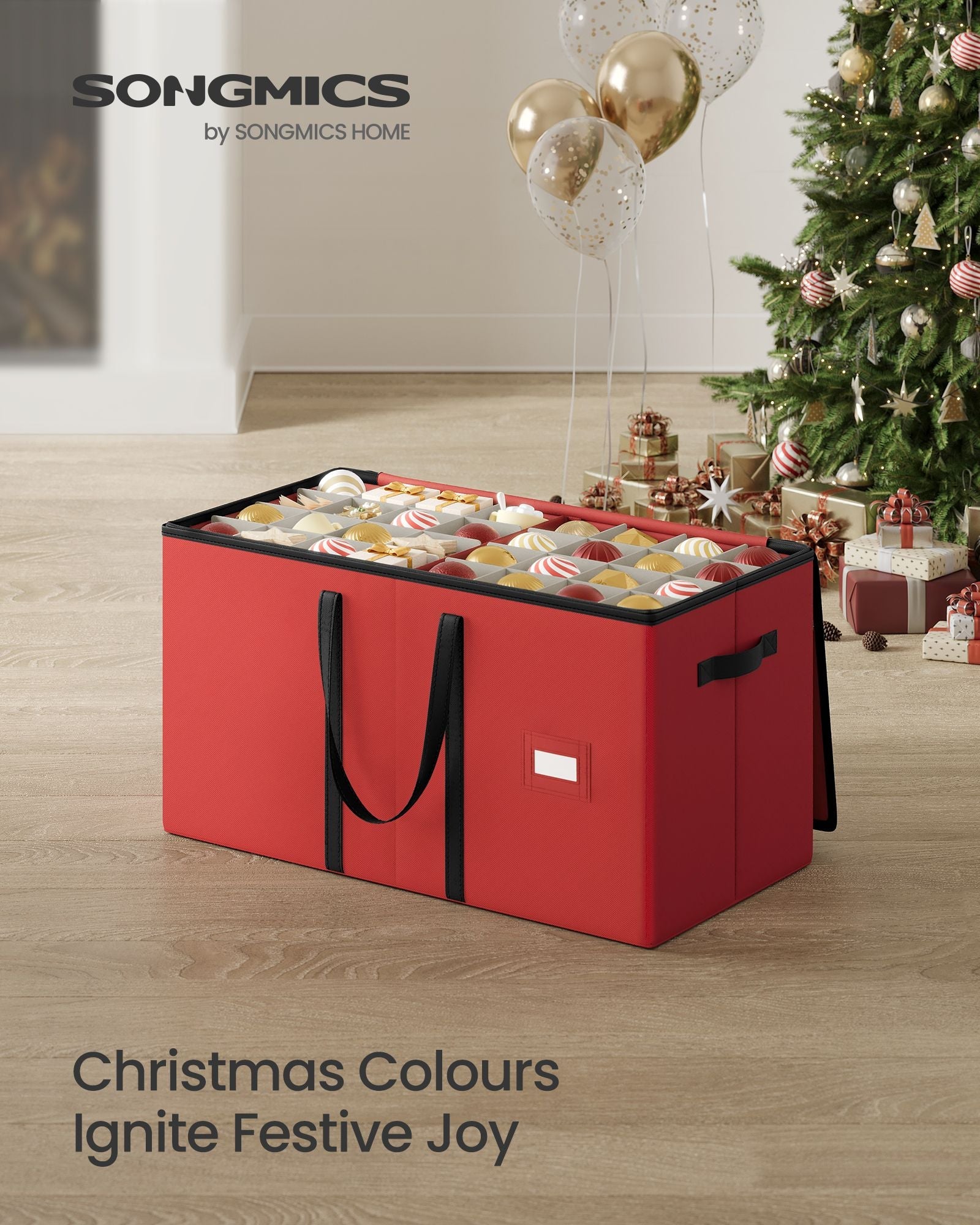 Christmas Decoration Storage Box – Non-Woven Fabric – Red – Stackable with Adjustable Dividers and Dual Zippers
