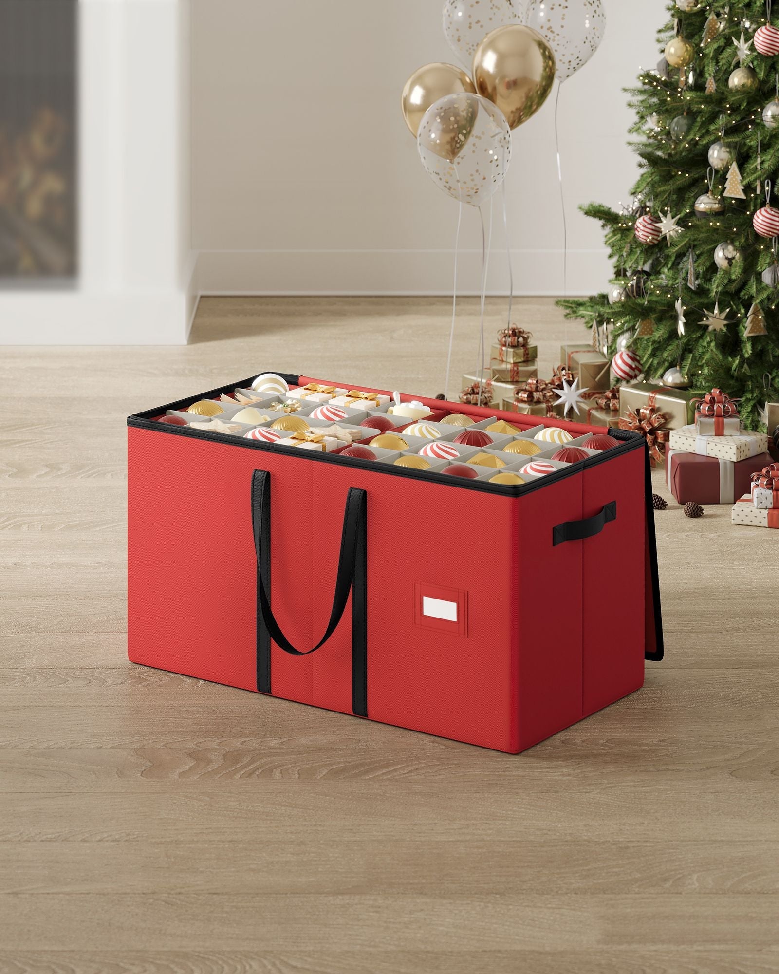 Christmas Decoration Storage Box – Non-Woven Fabric – Red – Stackable with Adjustable Dividers and Dual Zippers