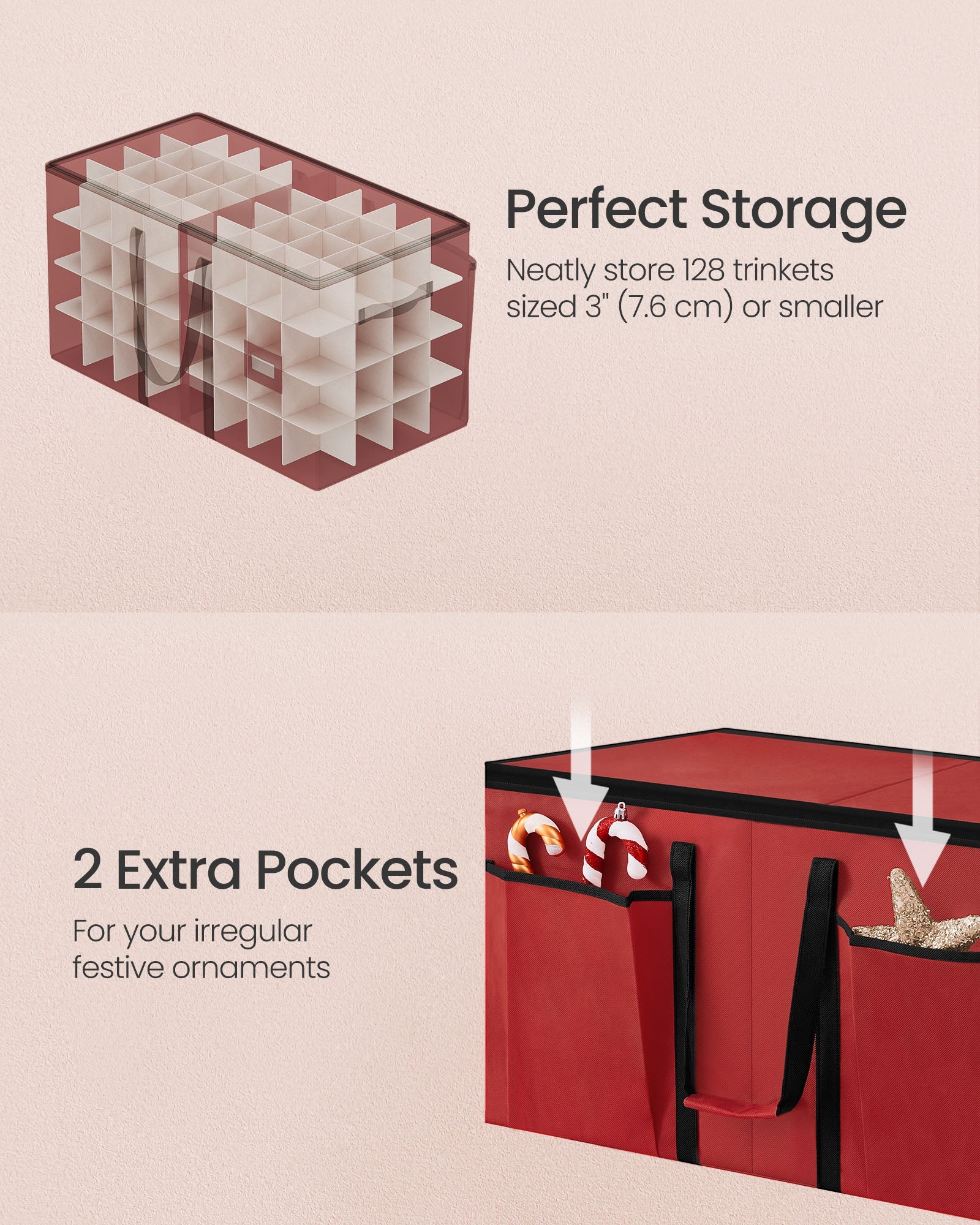 Christmas Decoration Storage Box – Non-Woven Fabric – Red – Stackable with Adjustable Dividers and Dual Zippers