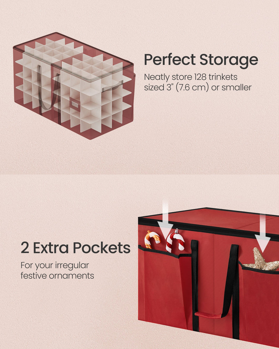 Christmas Decoration Storage Box – Non-Woven Fabric – Red – Stackable with Adjustable Dividers and Dual Zippers
