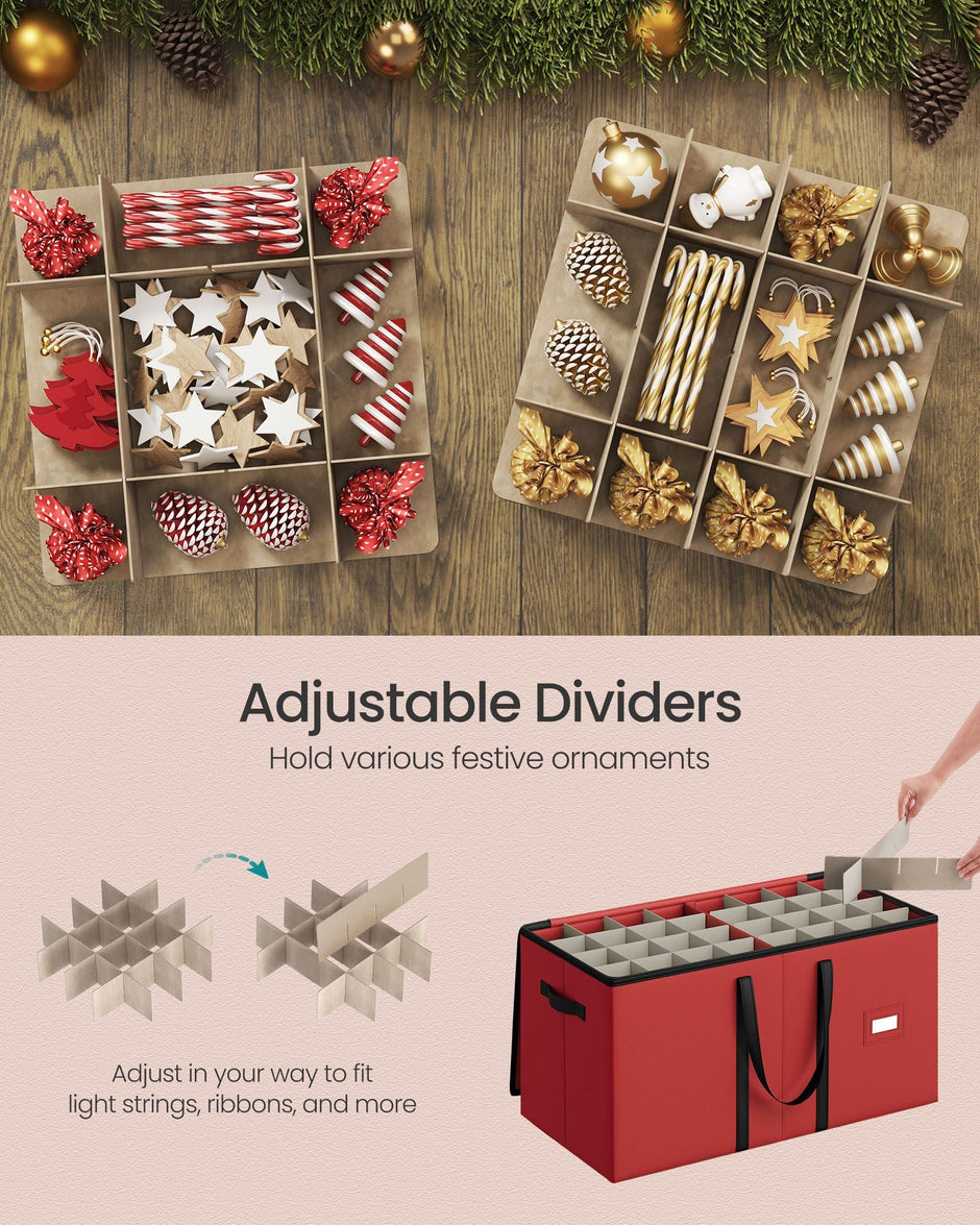 Christmas Decoration Storage Box – Non-Woven Fabric – Red – Stackable with Adjustable Dividers and Dual Zippers