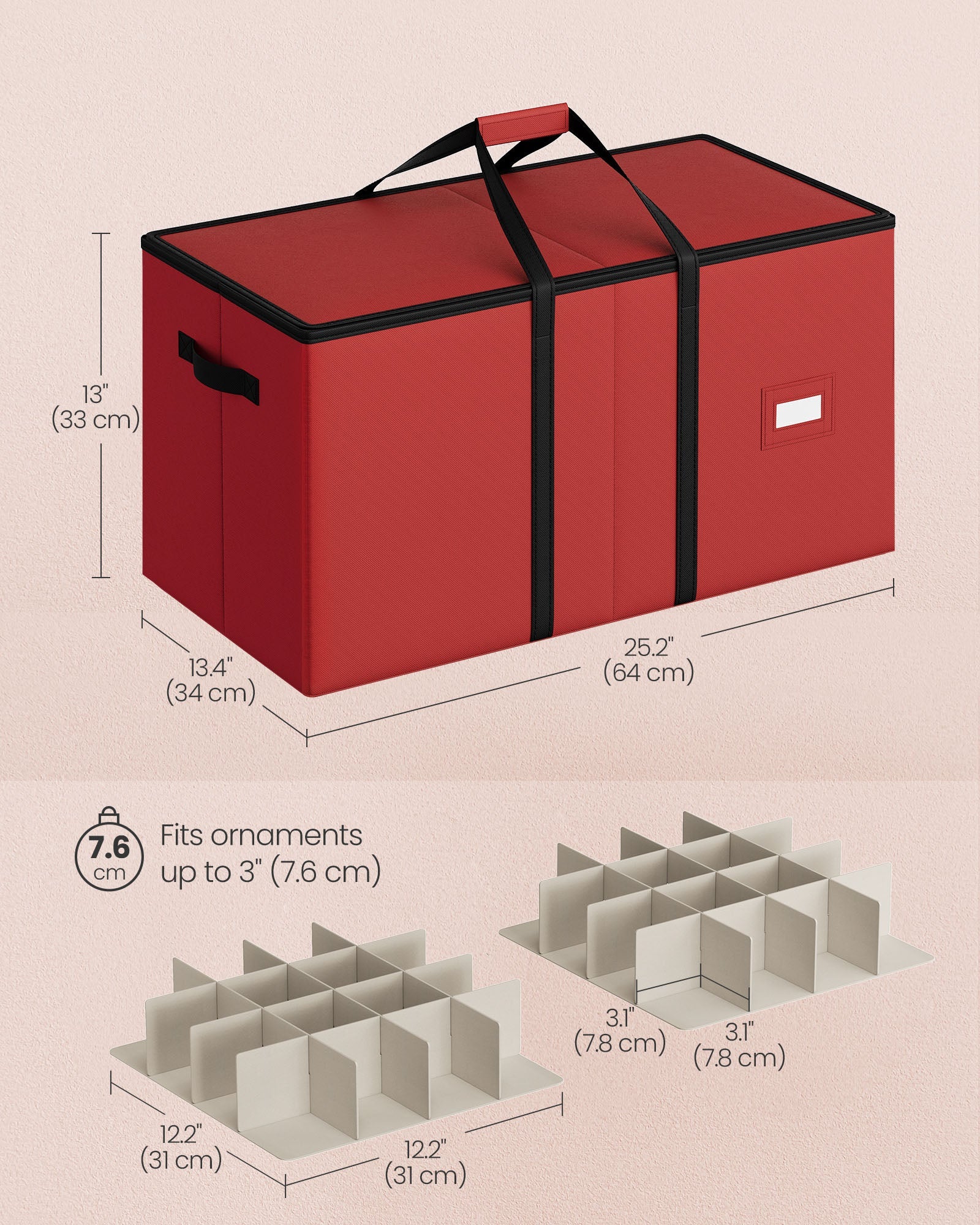 Christmas Decoration Storage Box – Non-Woven Fabric – Red – Stackable with Adjustable Dividers and Dual Zippers
