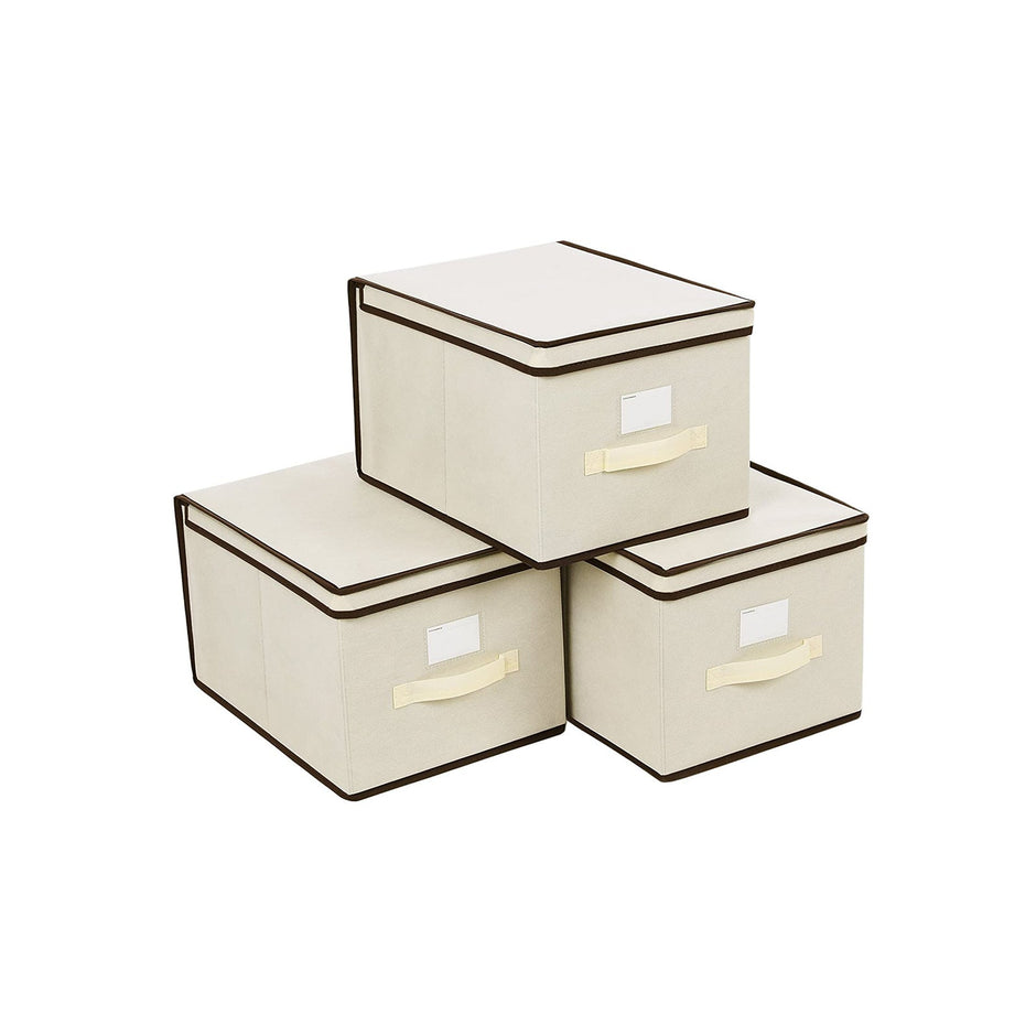 Set of 3 Foldable Fabric Storage Boxes – Beige – Includes Lids and Label Holders