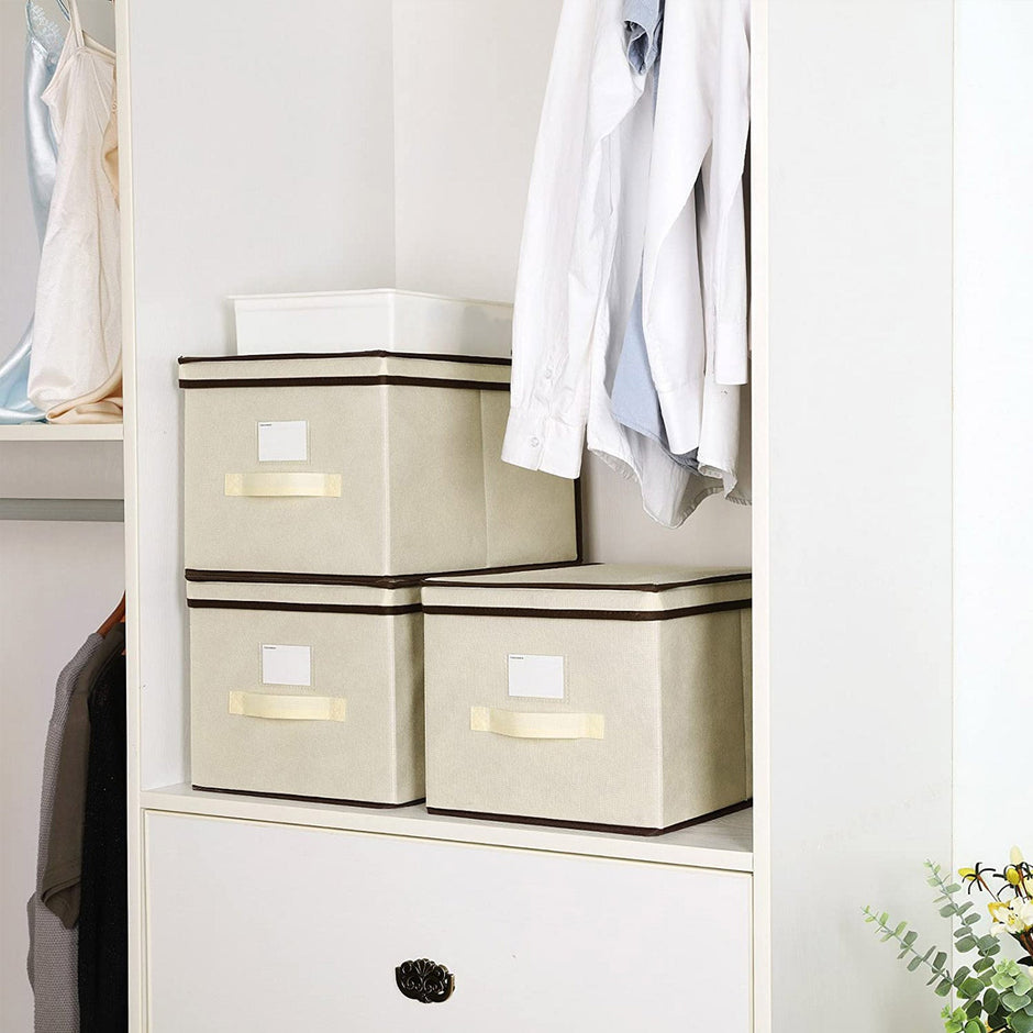 Set of 3 Foldable Fabric Storage Boxes – Beige – Includes Lids and Label Holders