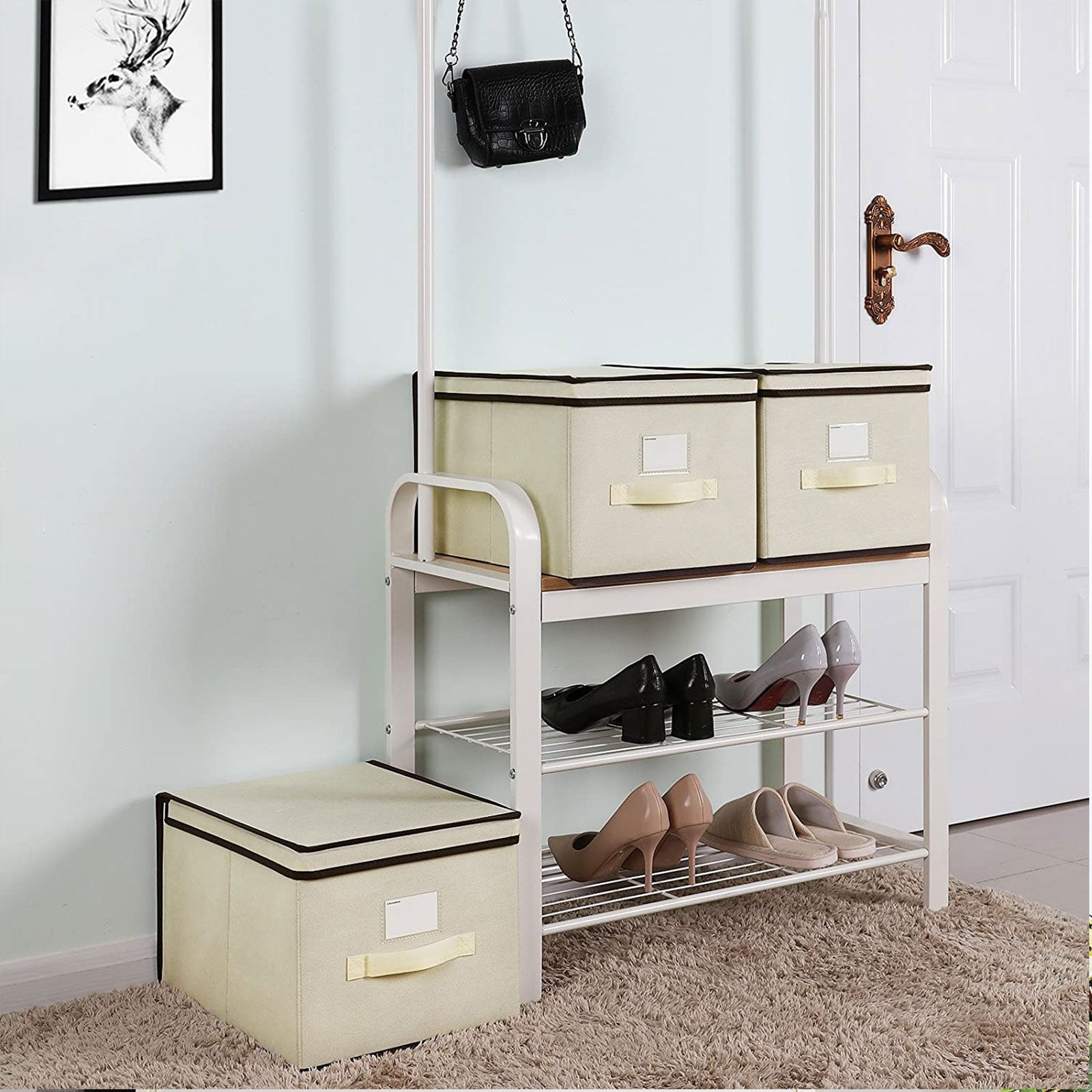 Set of 3 Foldable Fabric Storage Boxes – Beige – Includes Lids and Label Holders