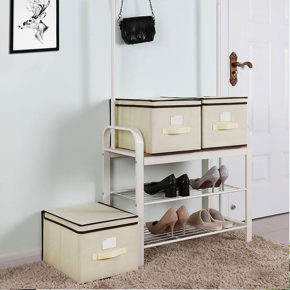 Set of 3 Foldable Fabric Storage Boxes – Beige – Includes Lids and Label Holders