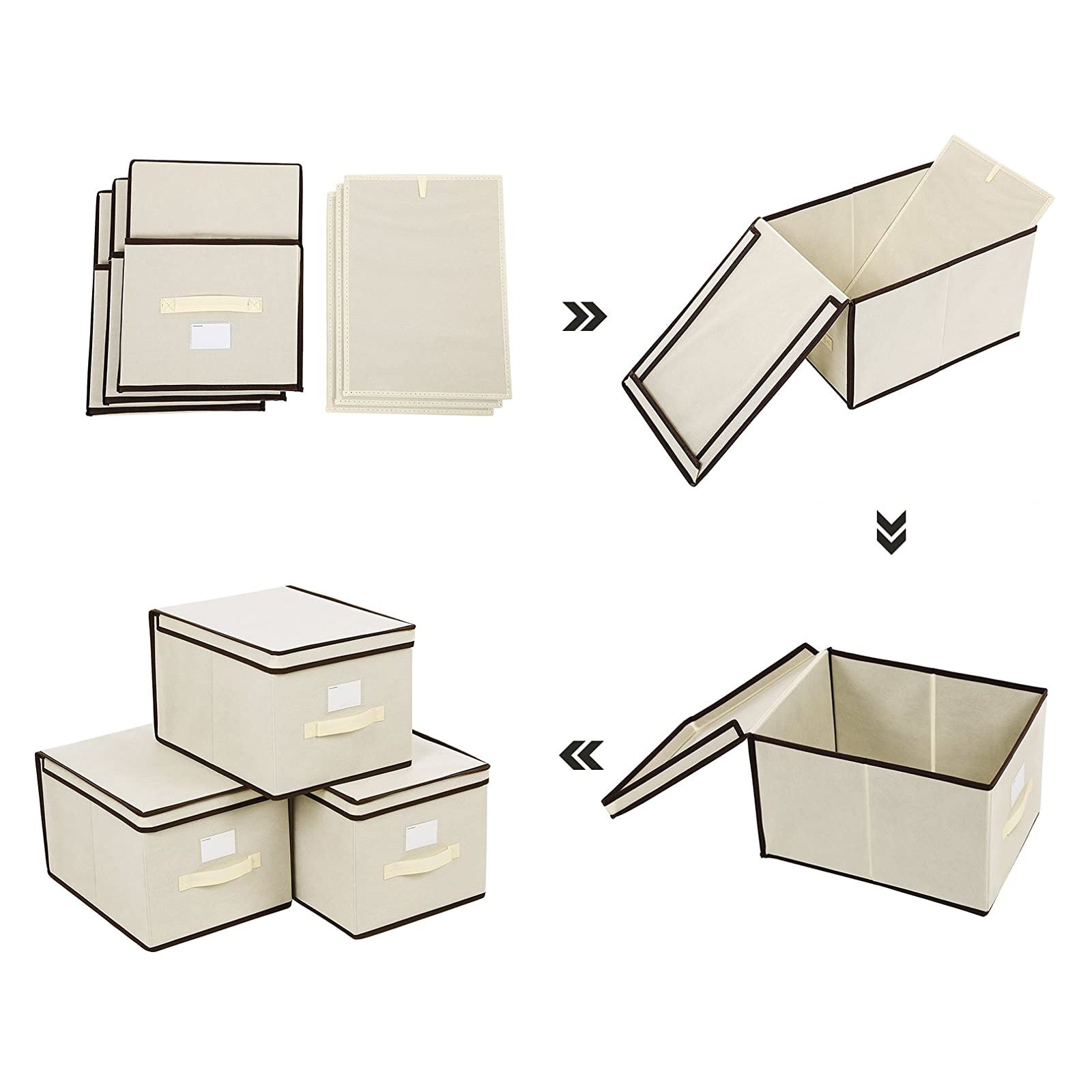 Set of 3 Foldable Fabric Storage Boxes – Beige – Includes Lids and Label Holders