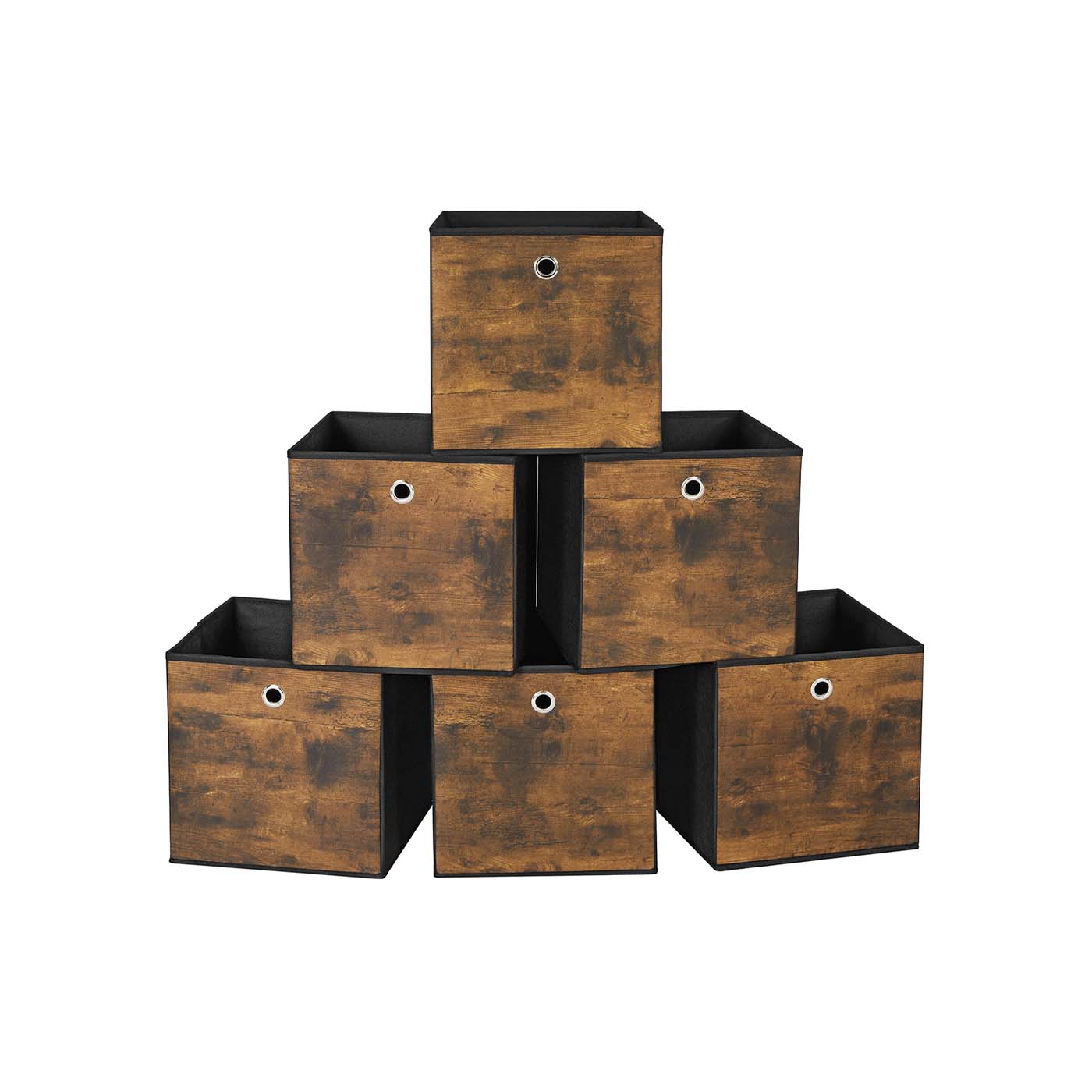 Set of 6 Folding Storage Boxes – Non-Woven and Oxford Fabric – Rustic Brown and Black – 30 x 30 x 30 cm