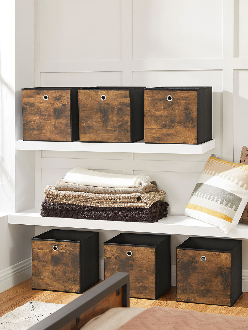 Set of 6 Folding Storage Boxes – Non-Woven and Oxford Fabric – Rustic Brown and Black – 30 x 30 x 30 cm