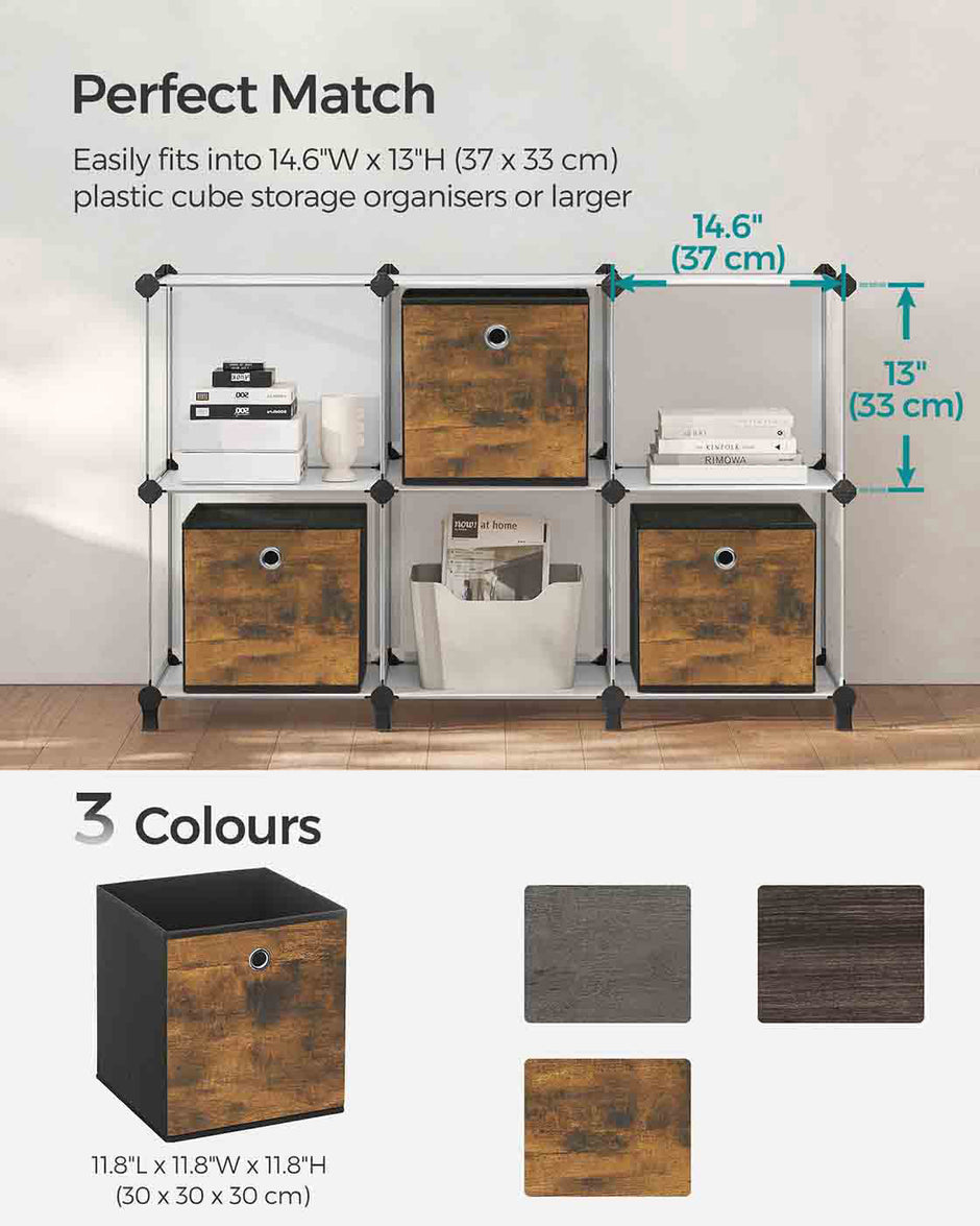 Set of 6 Folding Storage Boxes – Non-Woven and Oxford Fabric – Rustic Brown and Black – 30 x 30 x 30 cm