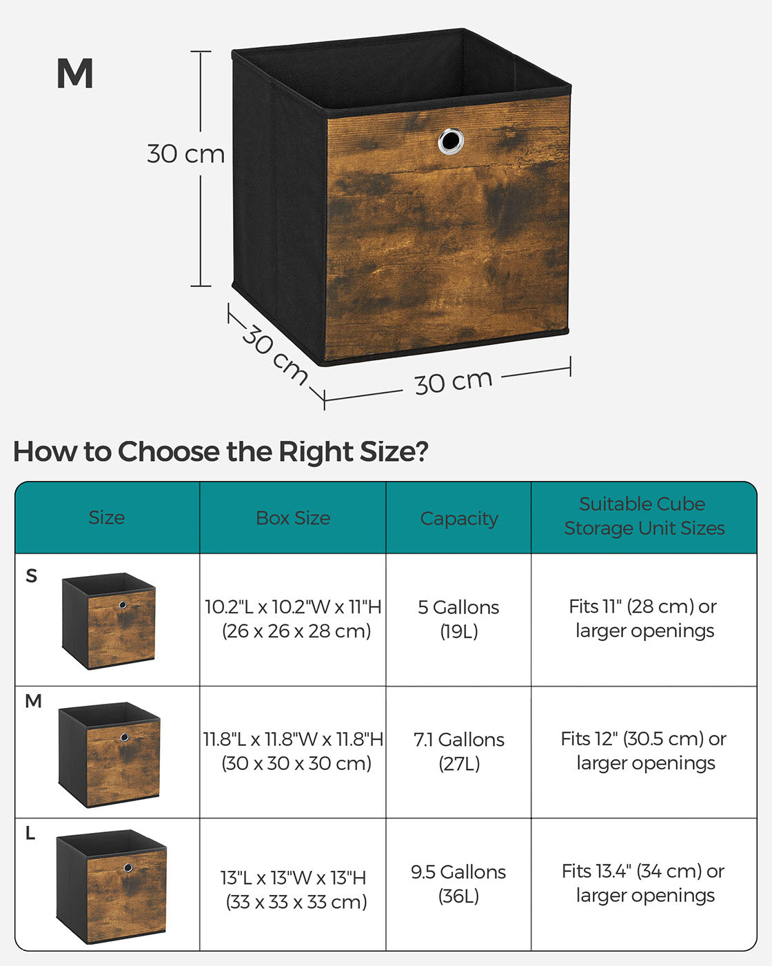 Set of 6 Folding Storage Boxes – Non-Woven and Oxford Fabric – Rustic Brown and Black – 30 x 30 x 30 cm