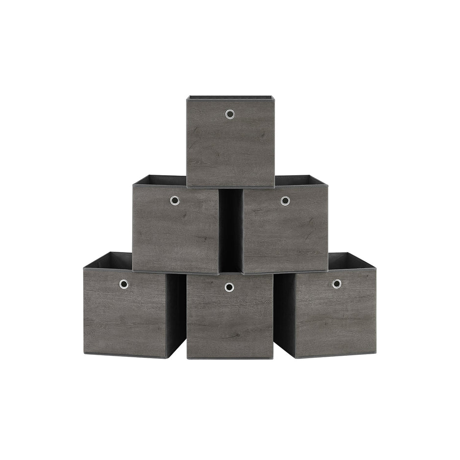 Set of 6 Foldable Storage Organiser Boxes – Non-Woven Fabric – Rustic Brown and Black – Includes Handles