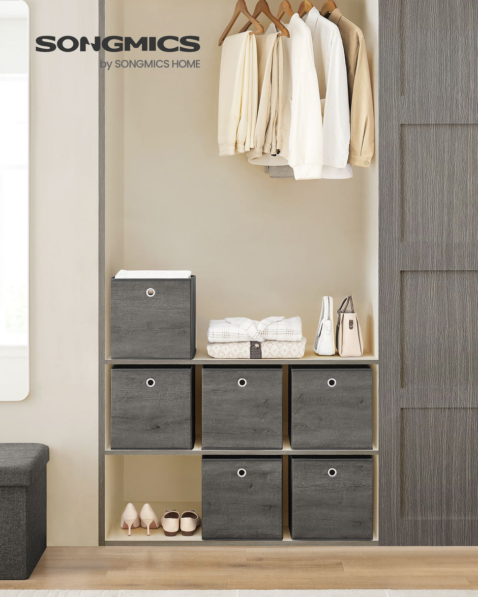 Set of 6 Foldable Storage Organiser Boxes – Non-Woven Fabric – Rustic Brown and Black – Includes Handles