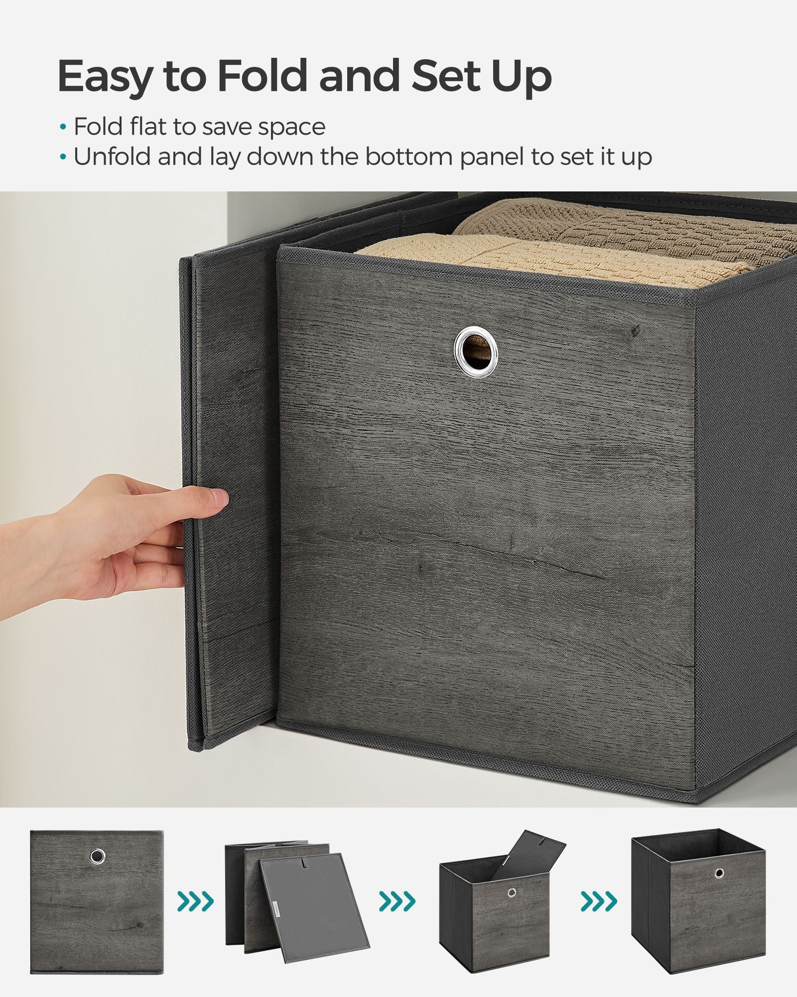 Set of 6 Foldable Storage Organiser Boxes – Non-Woven Fabric – Rustic Brown and Black – Includes Handles