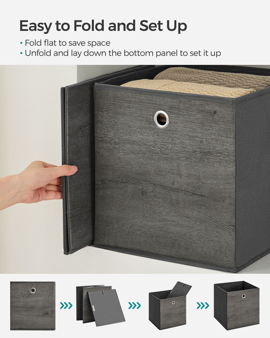 Set of 6 Foldable Storage Organiser Boxes – Non-Woven Fabric – Rustic Brown and Black – Includes Handles