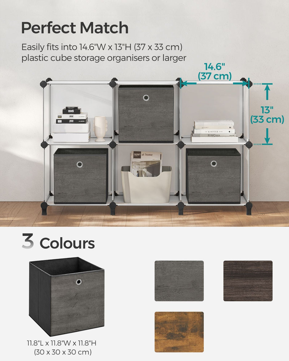 Set of 6 Foldable Storage Organiser Boxes – Non-Woven Fabric – Rustic Brown and Black – Includes Handles