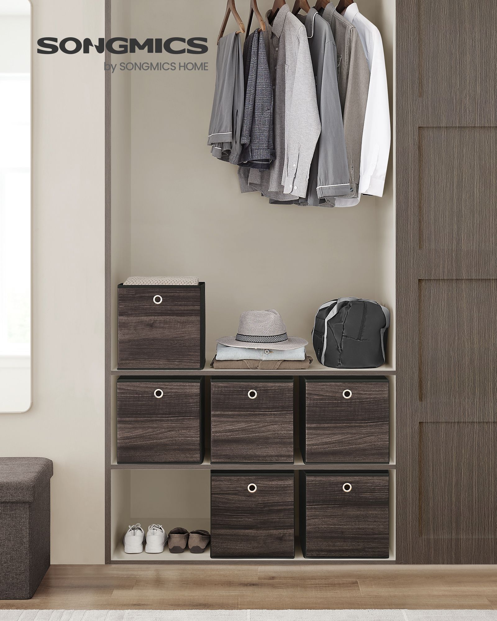 Set of 6 Foldable Storage Organiser Boxes – Non-Woven Fabric – Rustic Brown and Black – Includes Handles