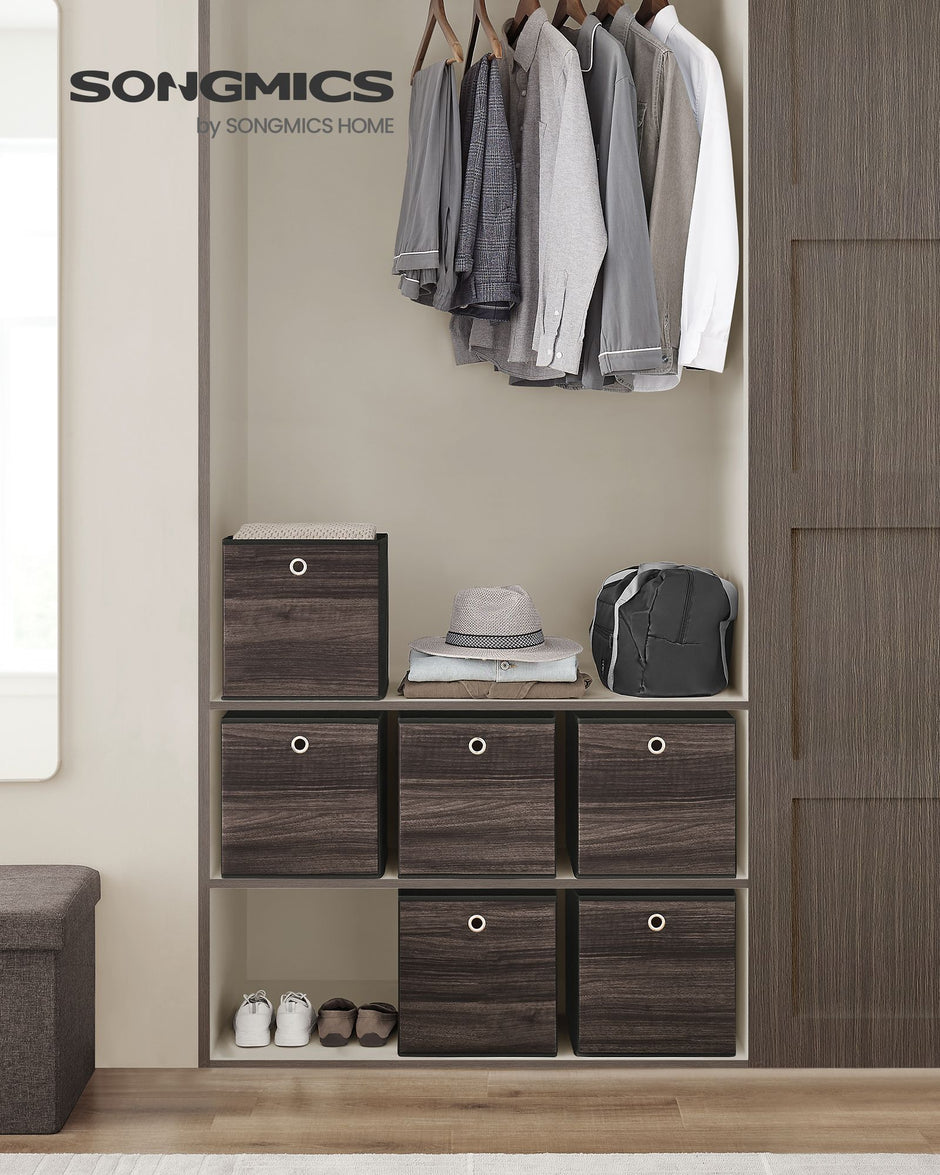 Set of 6 Foldable Storage Organiser Boxes – Non-Woven Fabric – Rustic Brown and Black – Includes Handles