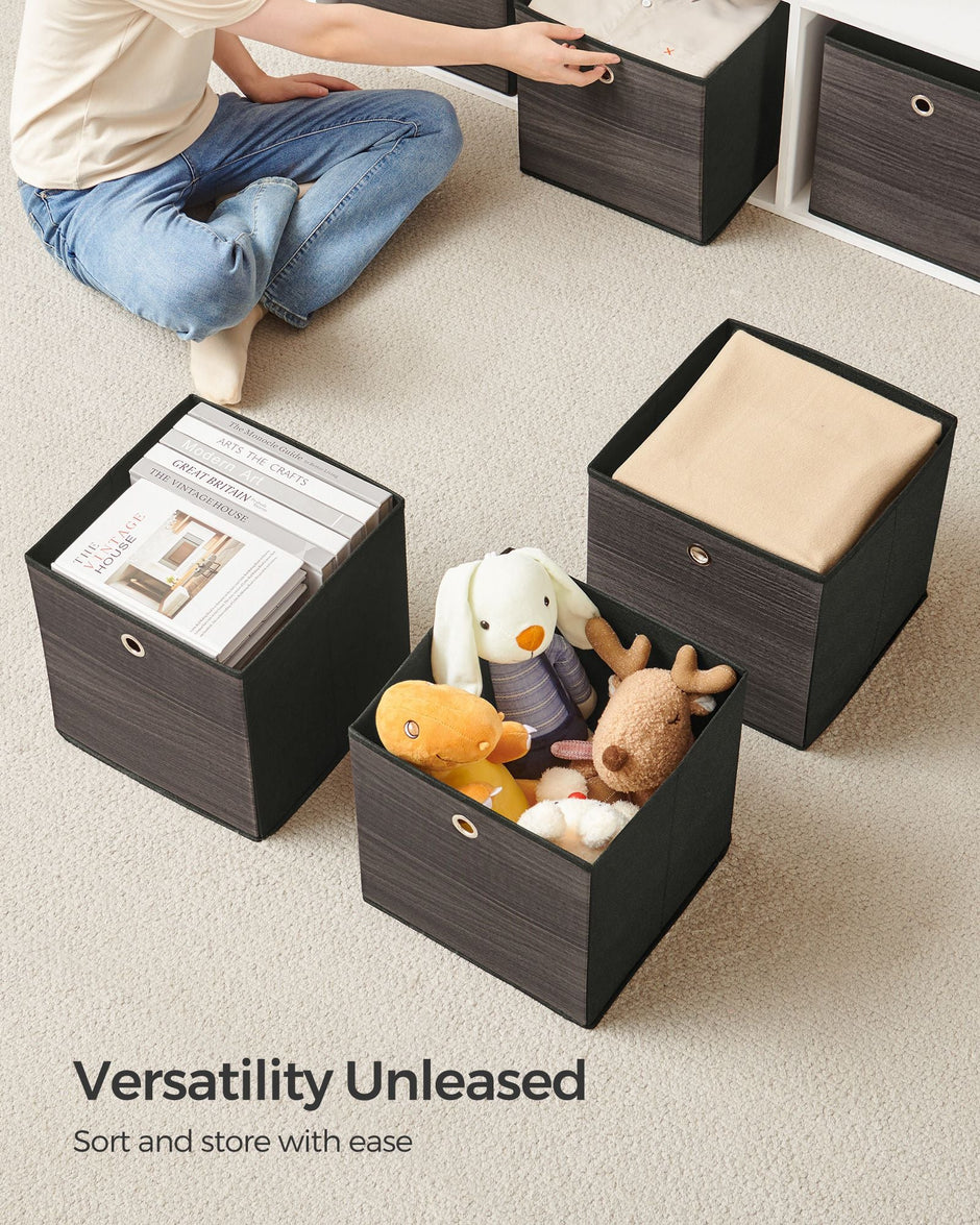 Set of 6 Foldable Storage Organiser Boxes – Non-Woven Fabric – Rustic Brown and Black – Includes Handles