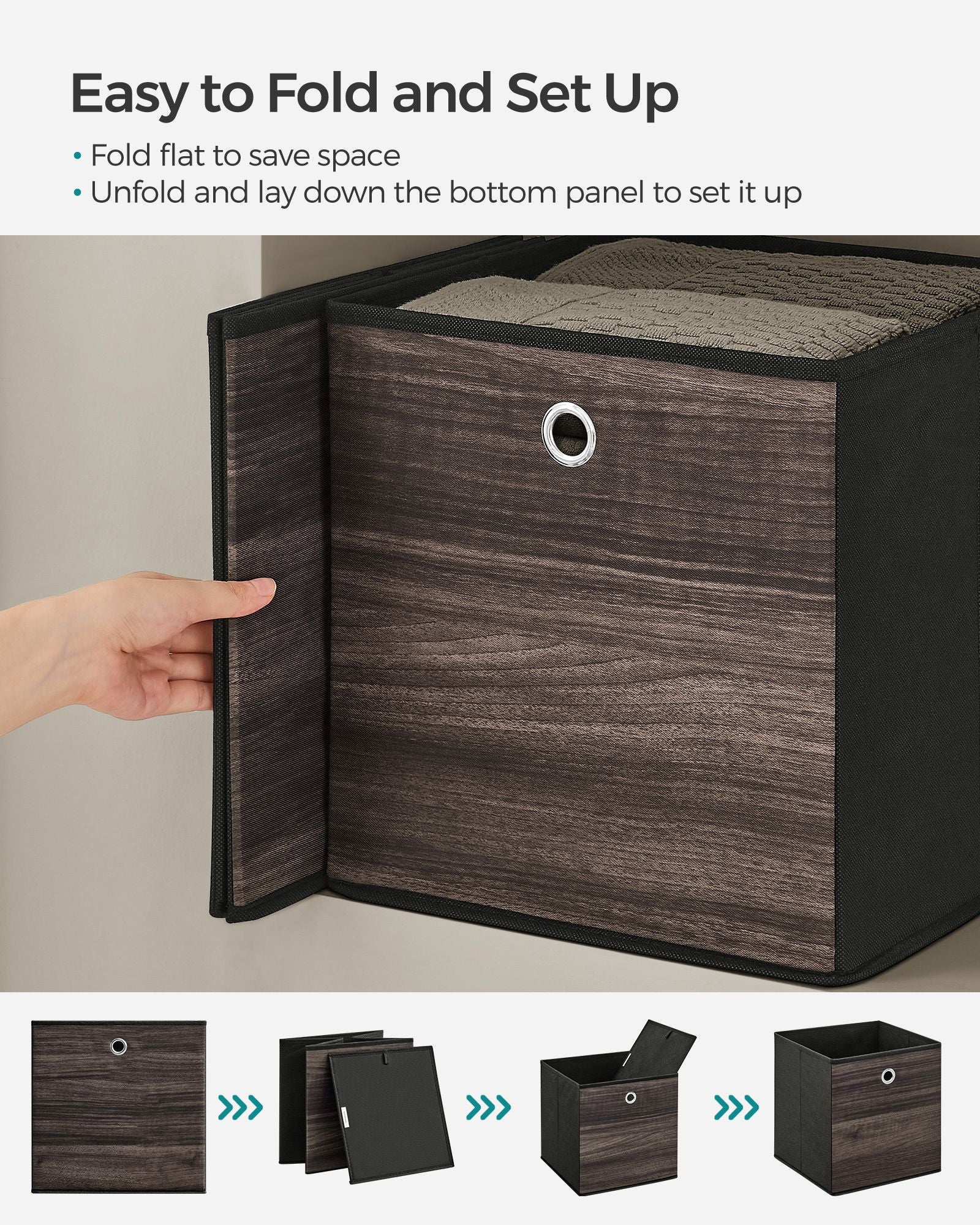 Set of 6 Foldable Storage Organiser Boxes – Non-Woven Fabric – Rustic Brown and Black – Includes Handles