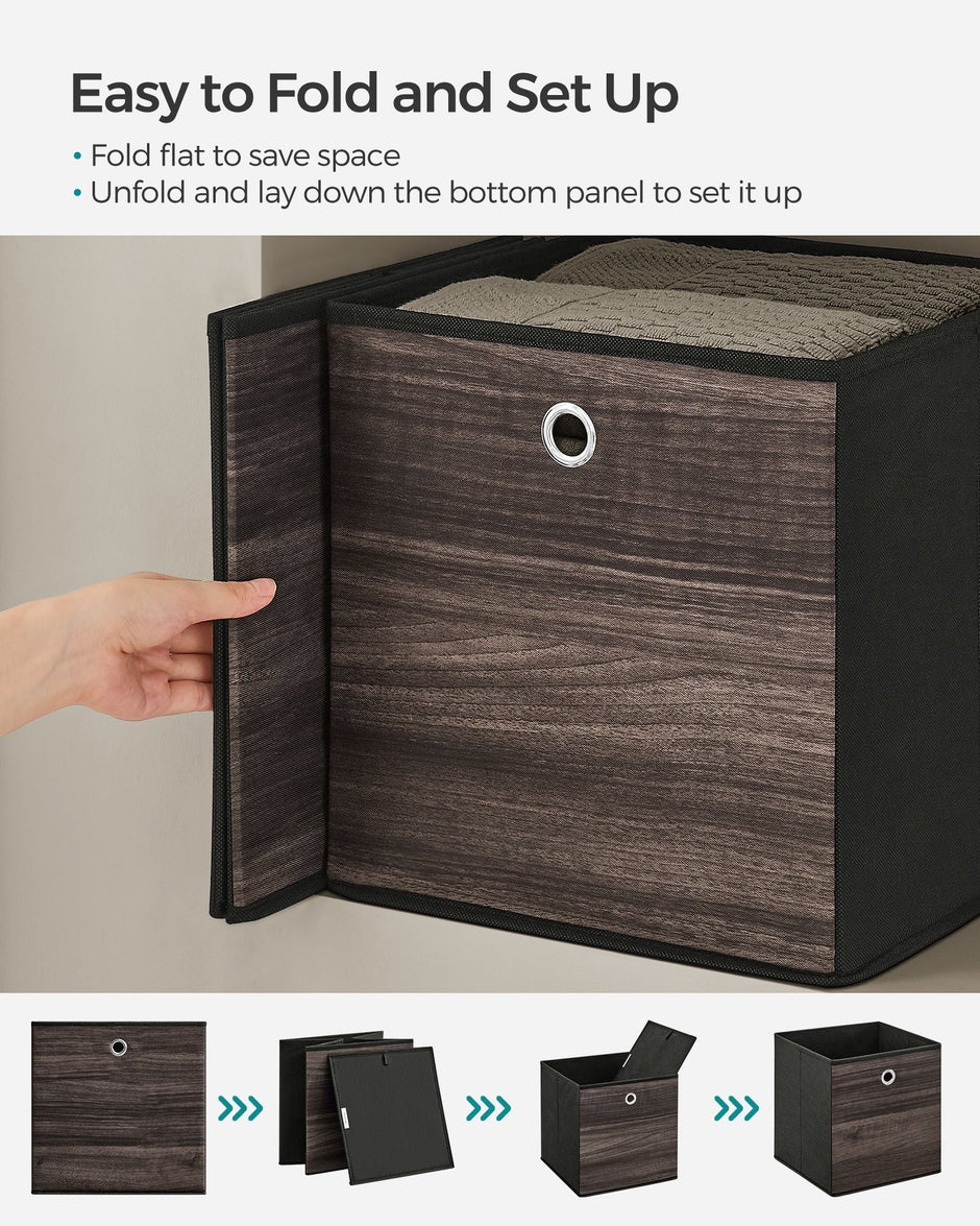 Set of 6 Foldable Storage Organiser Boxes – Non-Woven Fabric – Rustic Brown and Black – Includes Handles