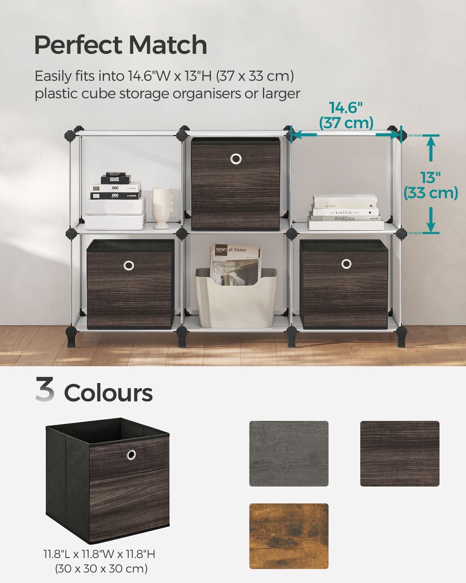 Set of 6 Foldable Storage Organiser Boxes – Non-Woven Fabric – Rustic Brown and Black – Includes Handles
