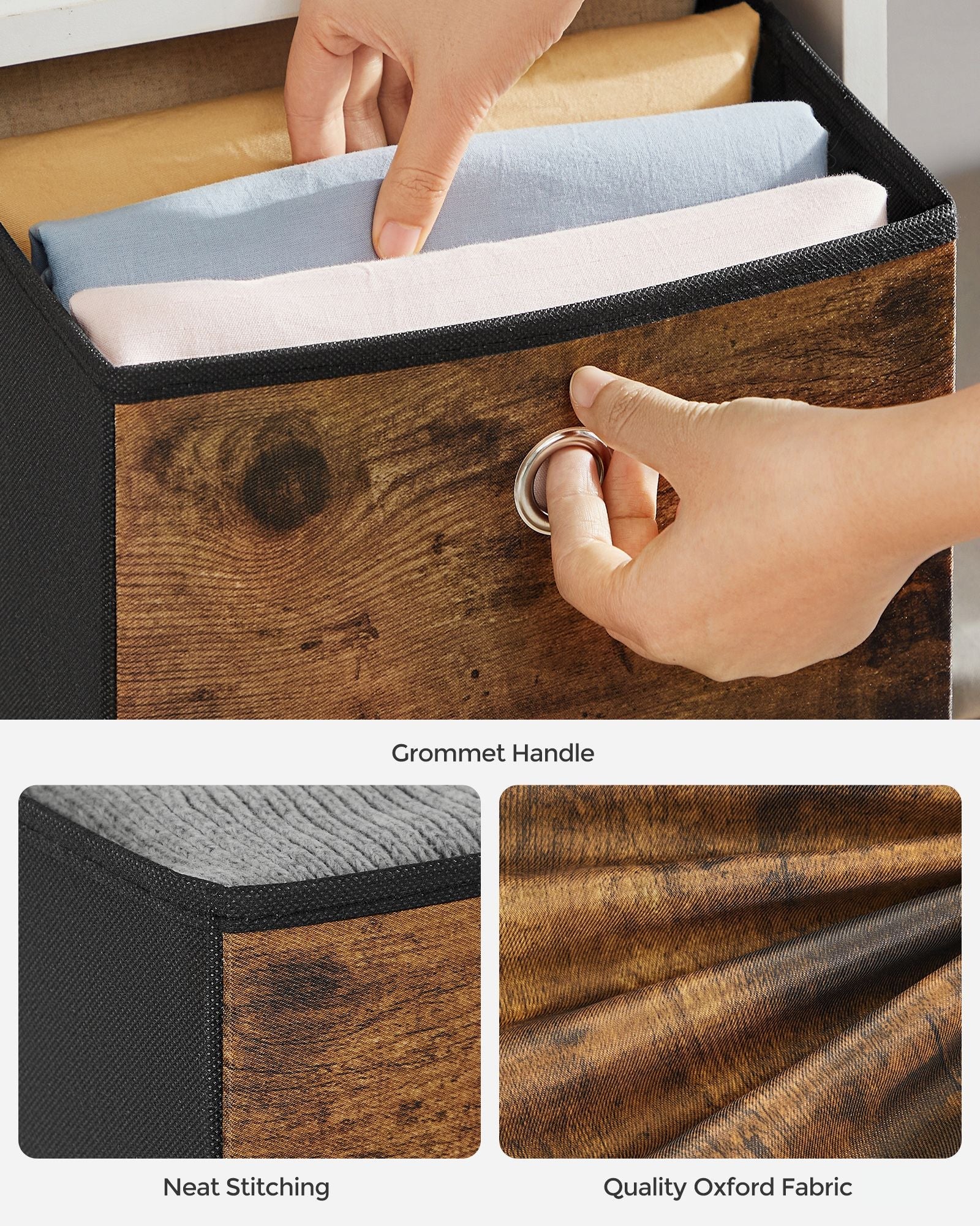 Set of 6 Foldable Storage Cubes – Oxford and Non-Woven Fabric – Rustic Brown and Black – Convenient Handle