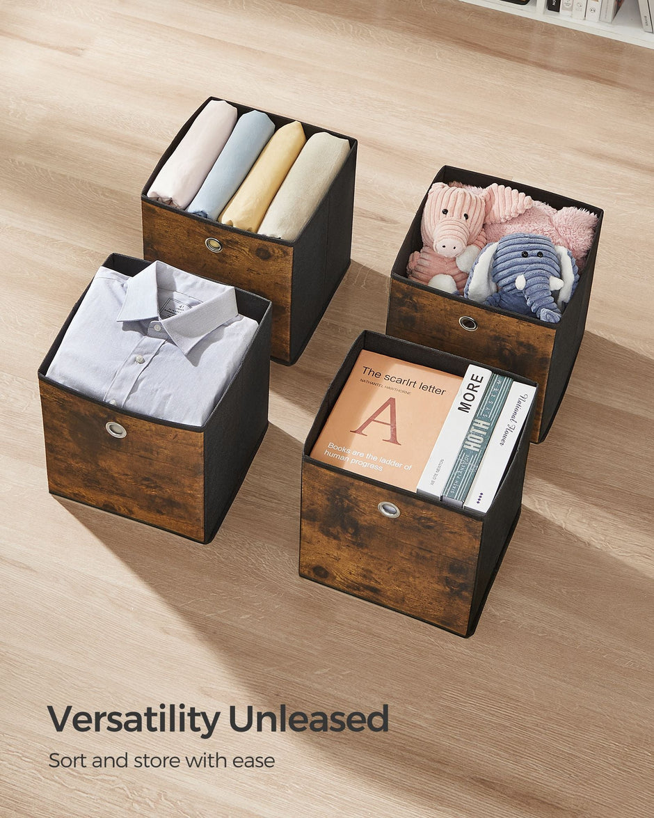 Set of 6 Foldable Storage Cubes – Oxford and Non-Woven Fabric – Rustic Brown and Black – Convenient Handle