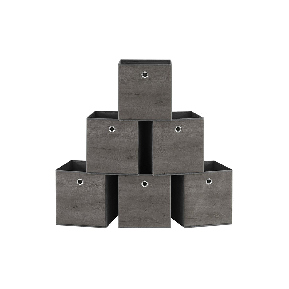 Set of 6 Storage Boxes – Non-Woven and Oxford Fabric – Rustic Brown and Black – Foldable with Handle